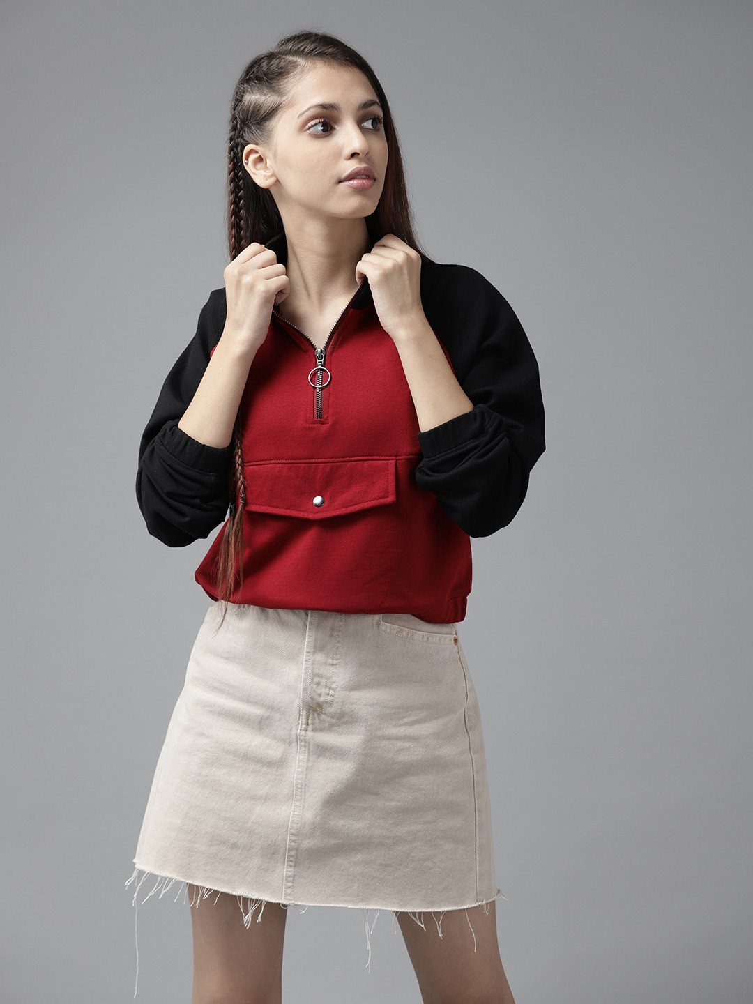 

UTH by Roadster Girls Maroon & Black Solid Sweatshirt