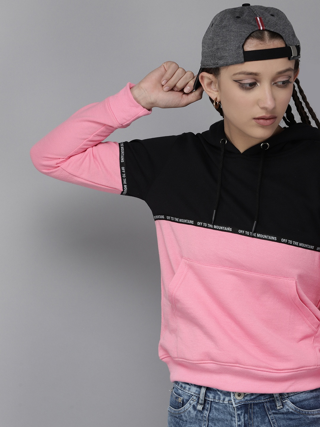 

UTH by Roadster Girls Pink & Black Colourblocked Hooded Sweatshirt