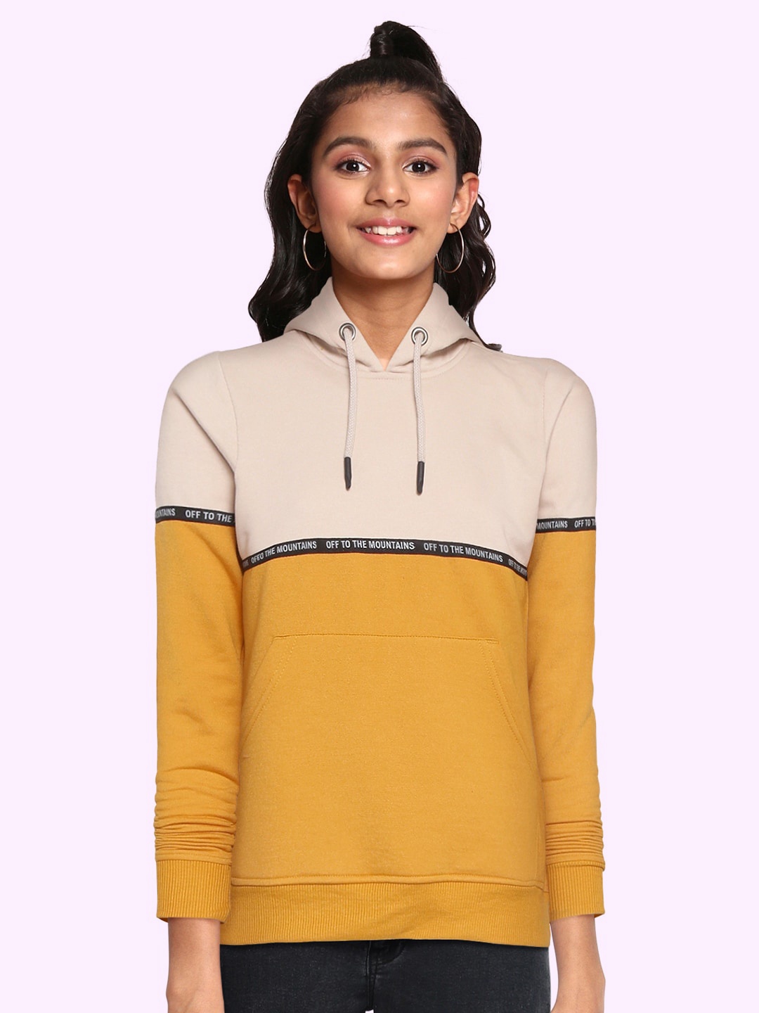 

UTH by Roadster Girls Beige & Mustard Yellow Colourblocked Hooded Sweatshirt