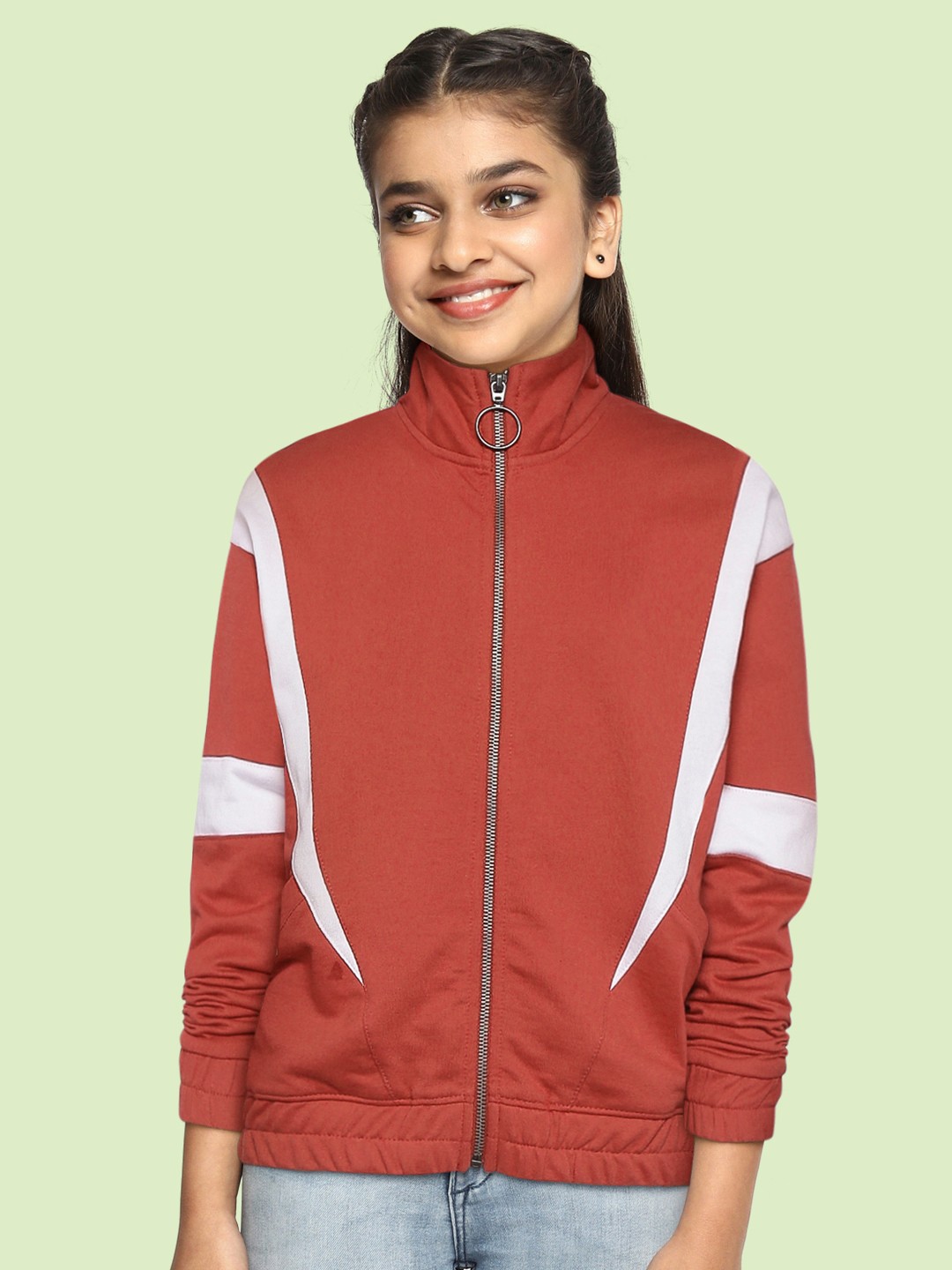 

UTH by Roadster Girls Coral Red & White Colourblocked Sweatshirt