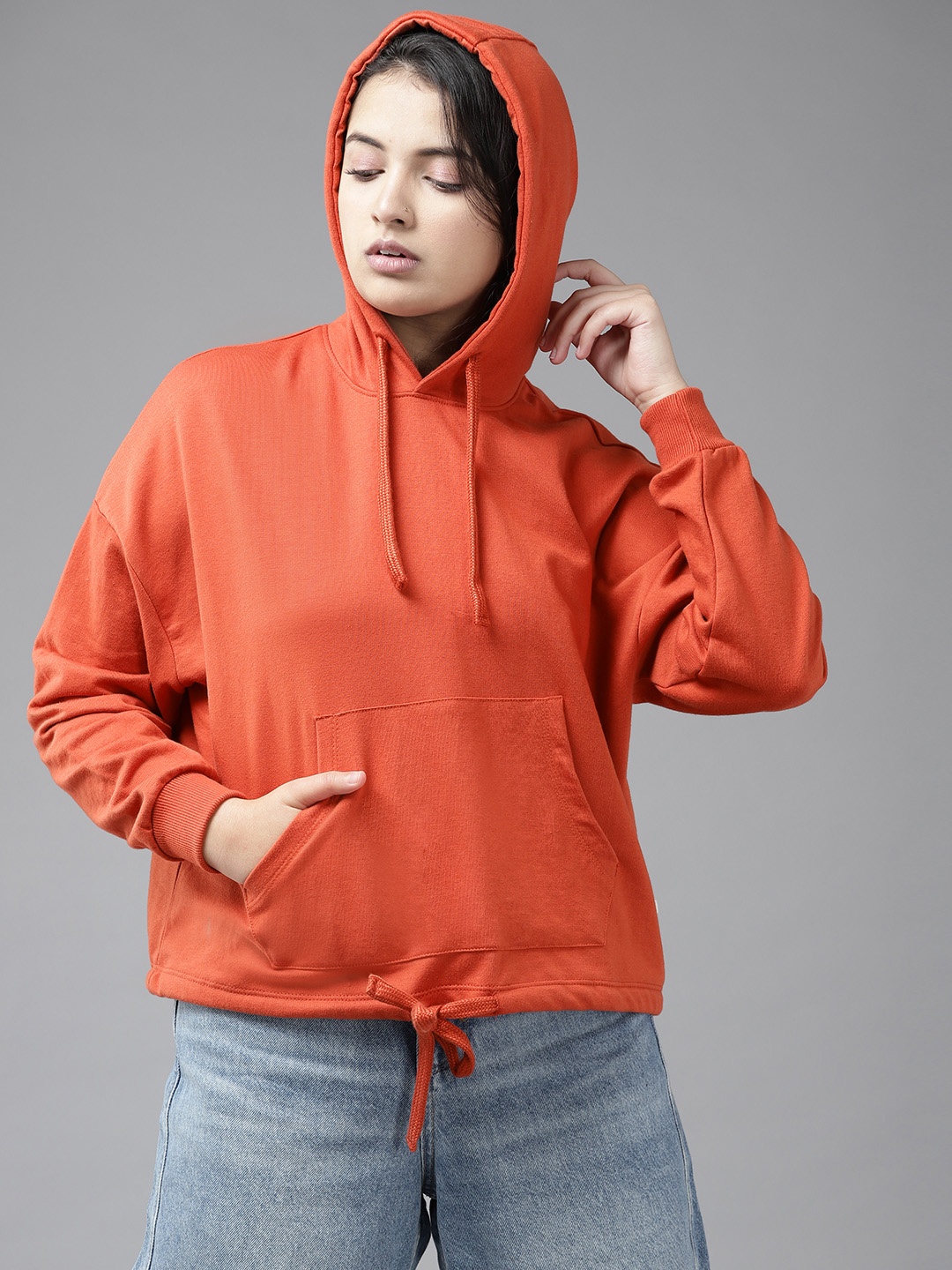 

UTH by Roadster Girls Rust Orange Solid Hooded Sweatshirt with Waist Tie-Ups