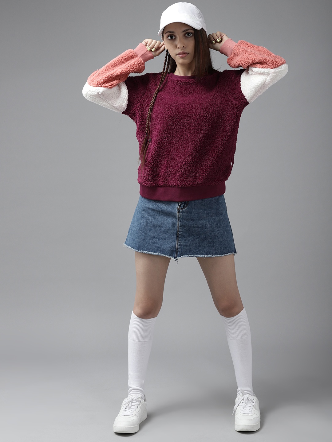 

UTH by Roadster Girls Burgundy & White Solid Sherpa Sweatshirt