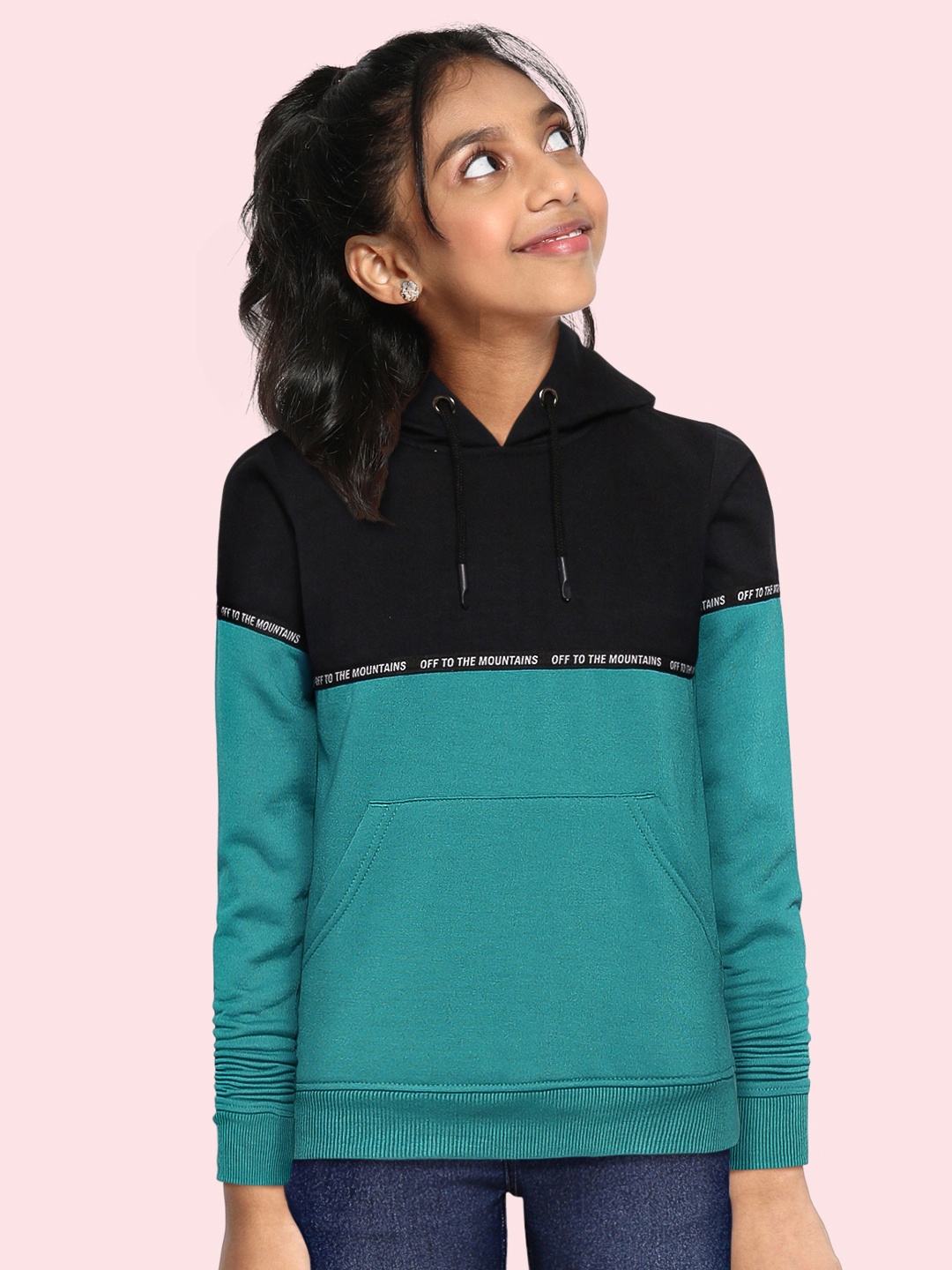 

UTH by Roadster Girls Teal Green & Black Colourblocked Hooded Sweatshirt