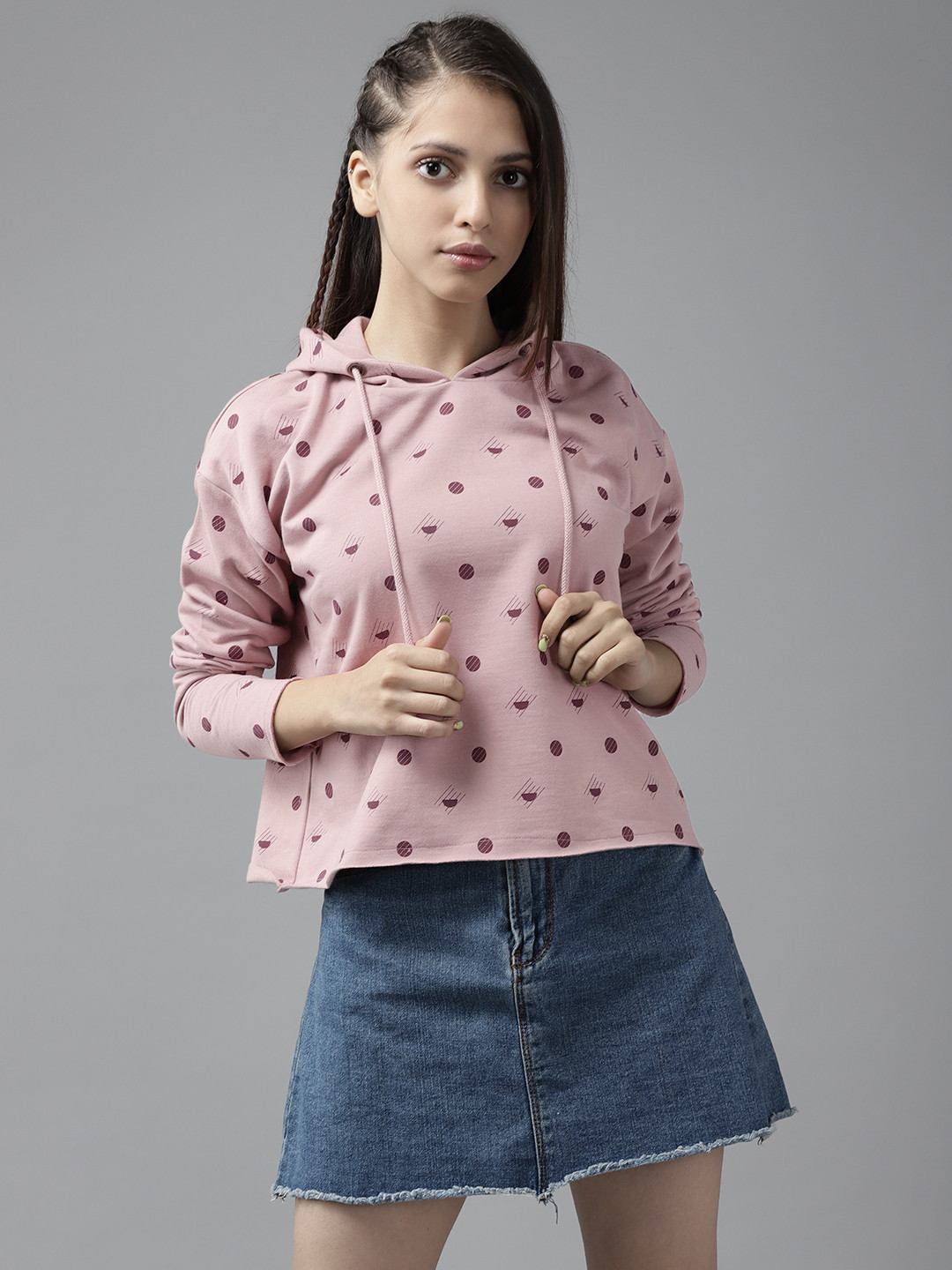 

UTH by Roadster Girls Dusty Pink & Burgundy Geometric Print Hooded Sweatshirt