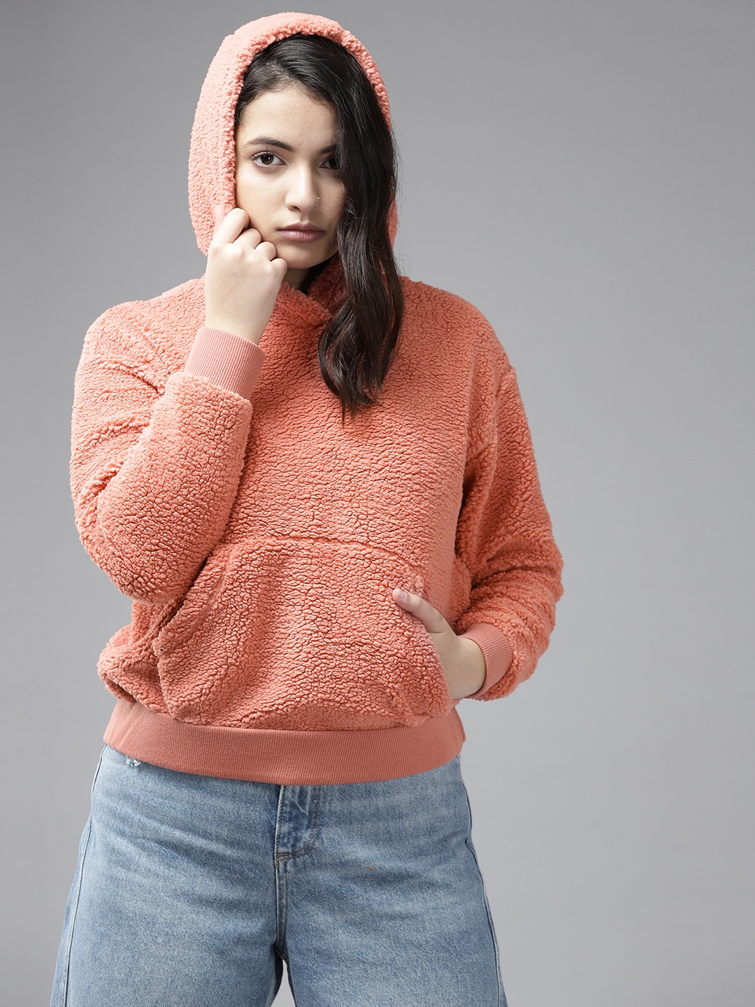 

UTH by Roadster Girls Peach-Coloured Sherpa Hooded Sweatshirt