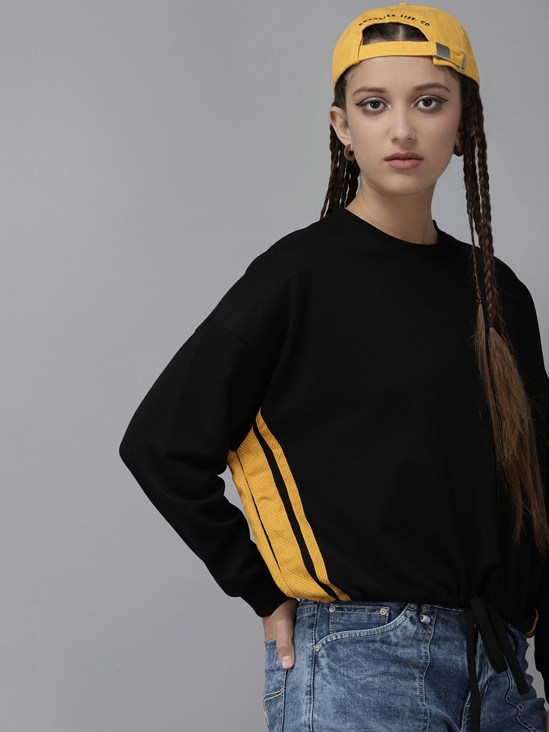 

UTH by Roadster Girls Black Solid Sweatshirt with Side Stripes