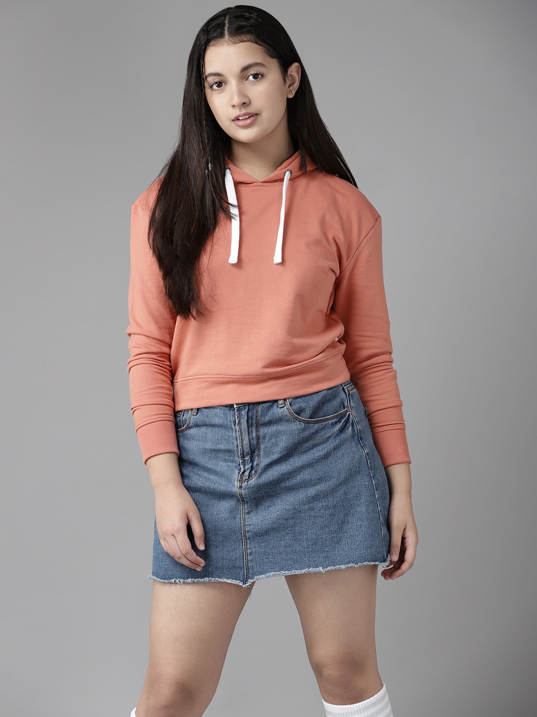 

UTH by Roadster Girls Peach-Coloured Solid Hooded Sweatshirt