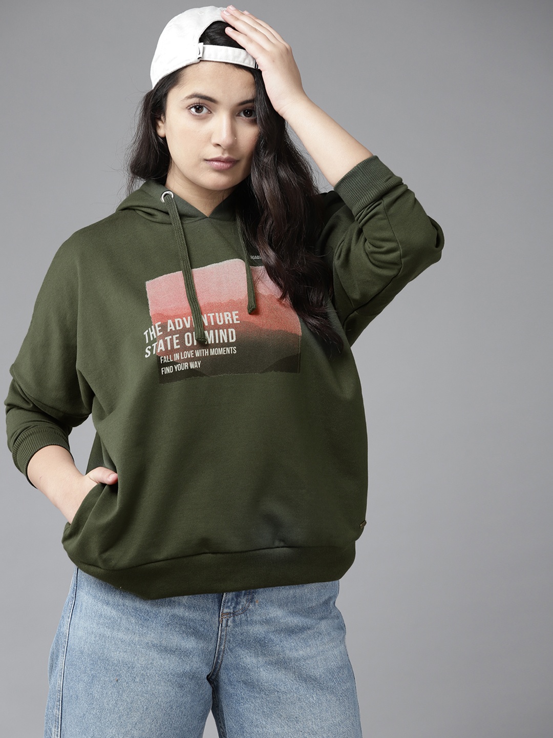 

UTH by Roadster Girls Olive Green & Pink Printed Hooded Sweatshirt