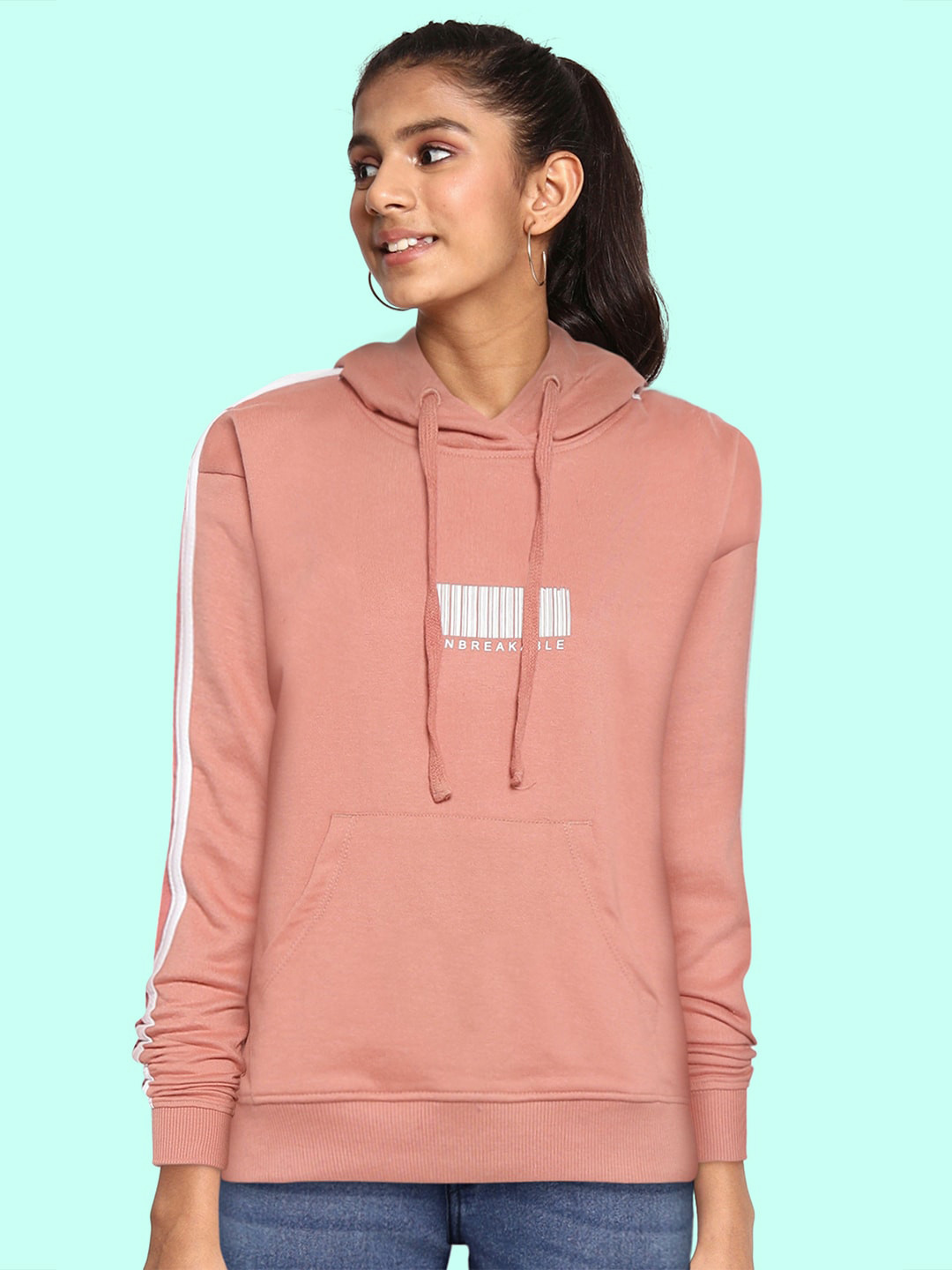 

UTH by Roadster Girls Peach-Coloured Solid Hooded Sweatshirt with Side Taping Detail
