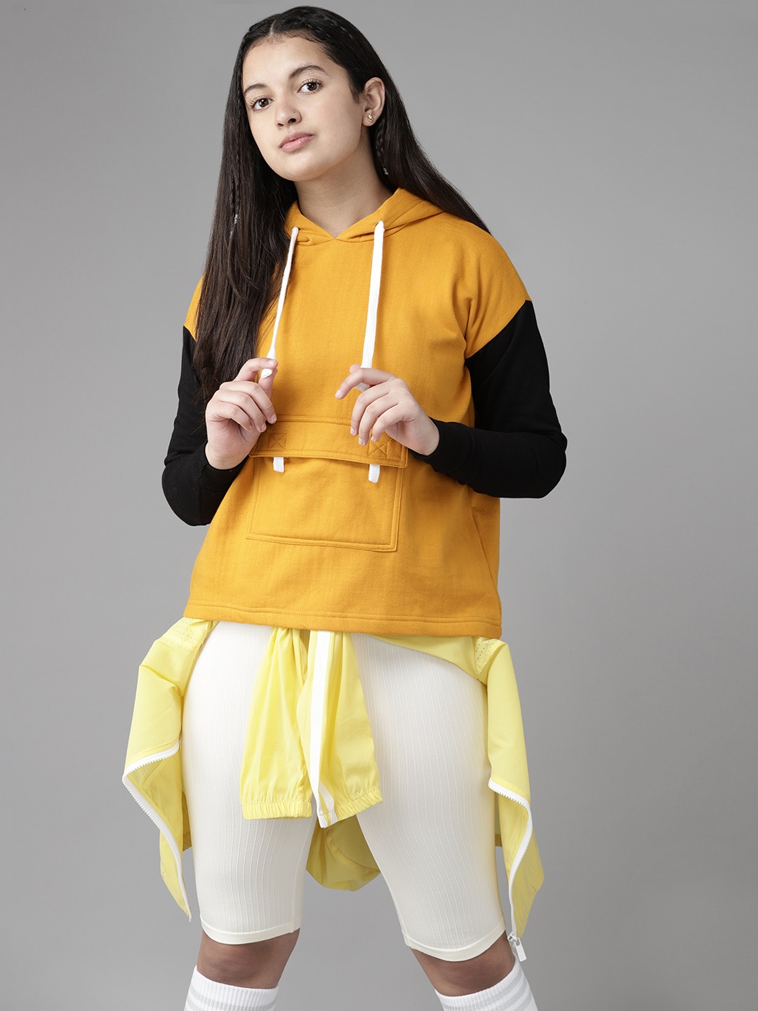 

UTH by Roadster Girls Mustard Yellow & Black Solid Hooded Sweatshirt