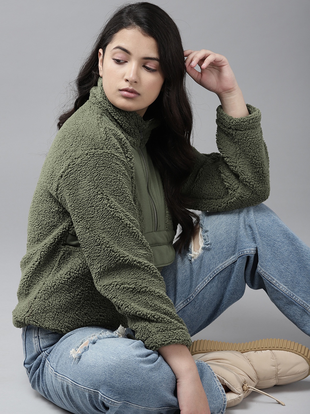 

UTH by Roadster Girls Olive Green Solid Sweatshirt