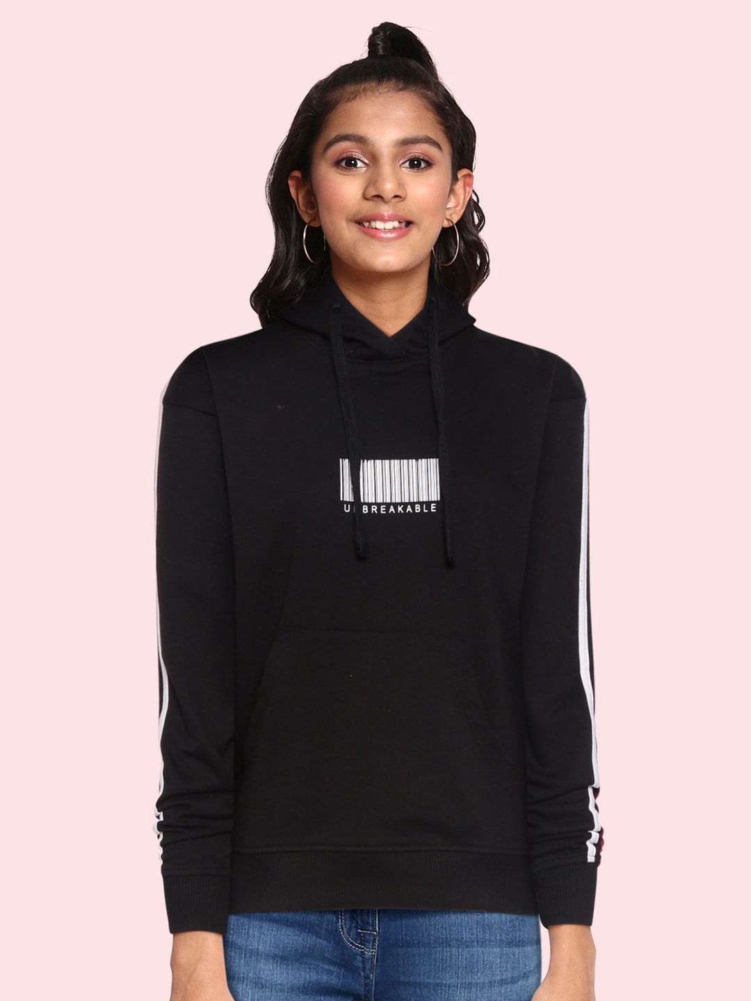 

UTH by Roadster Girls Black Solid Hooded Sweatshirt with Side Taping Detail