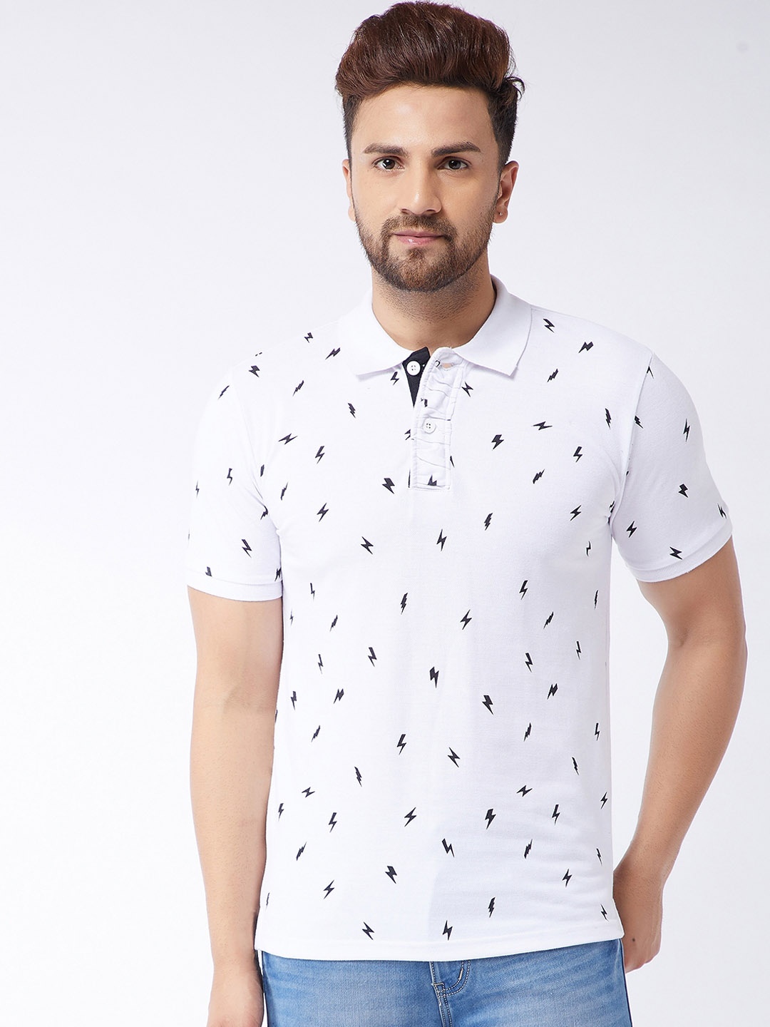 

GRITSTONES Men White & Navy Blue Printed Polo Collar T-shirt