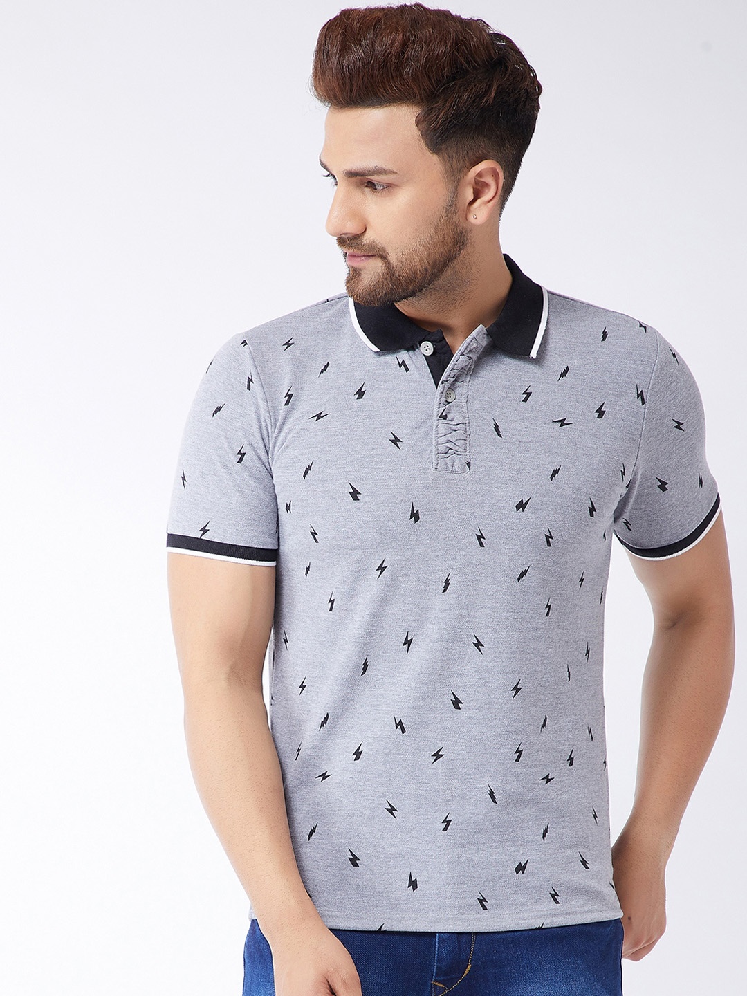 

GRITSTONES Men Grey & Black Printed Polo Collar T-shirt