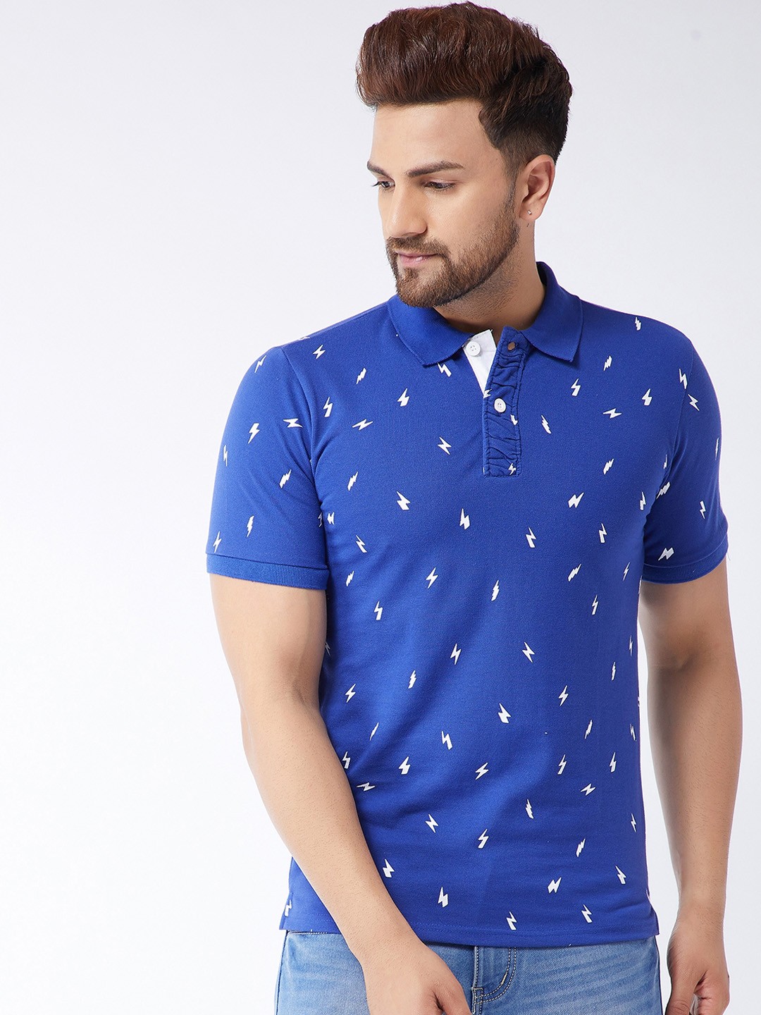 

GRITSTONES Men Blue & White Printed Polo Collar T-shirt
