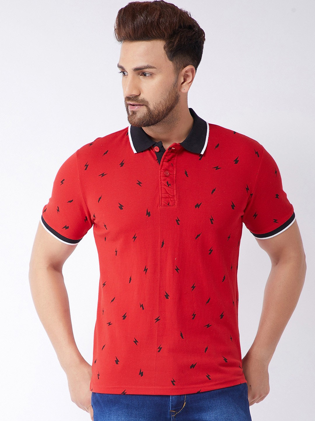 

GRITSTONES Men Red & Black Printed Polo Collar T-shirt