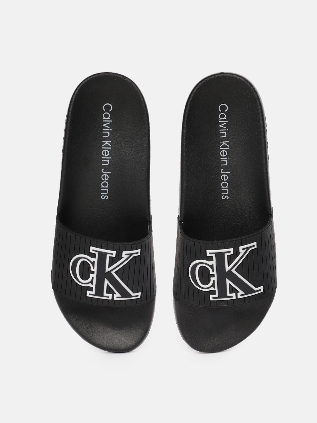 

Calvin Klein Men Black ALONZO Brand Logo Self-Striped Sliders