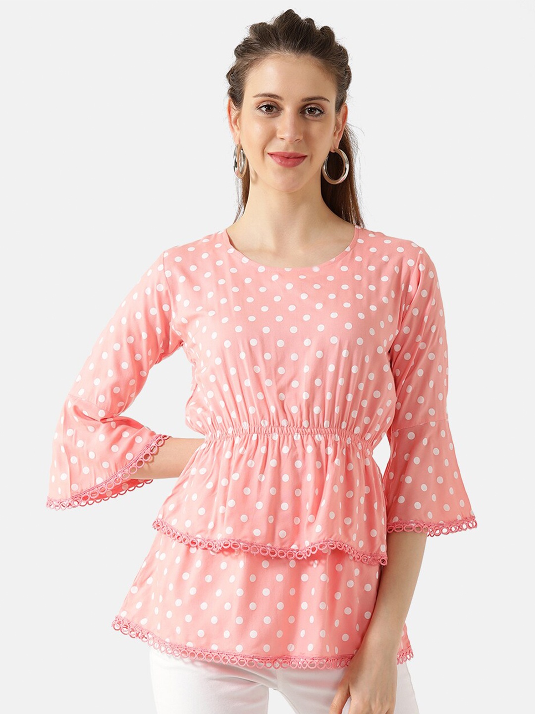 V2 Value & Variety Peach-Coloured & White Bell Sleeve Layered Cinched Waist Top
