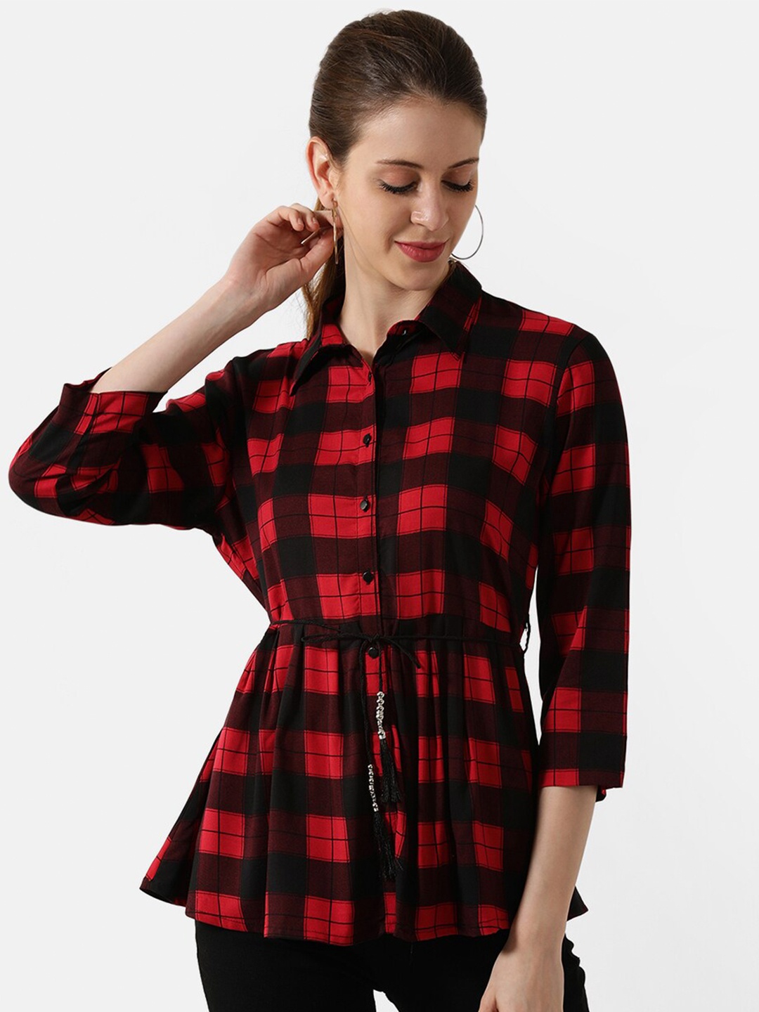 

V2 Value & Variety Red Checked Peplum Top