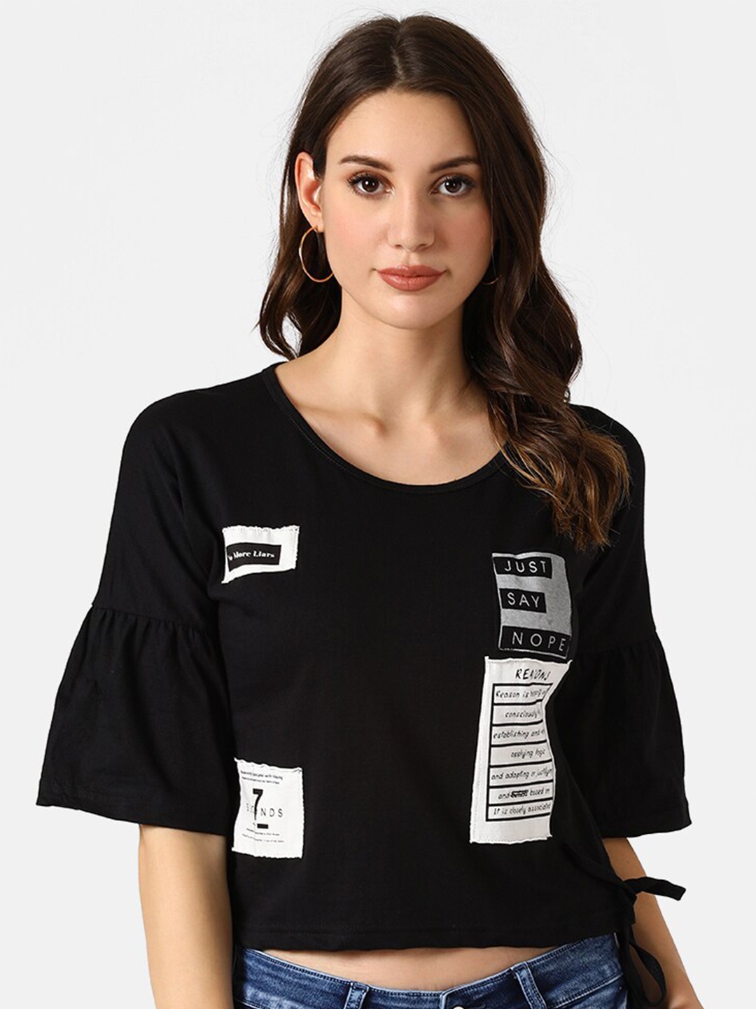 

V2 Value & Variety Black & White Bell Sleeve Applique Pure Cotton Tank Crop Top