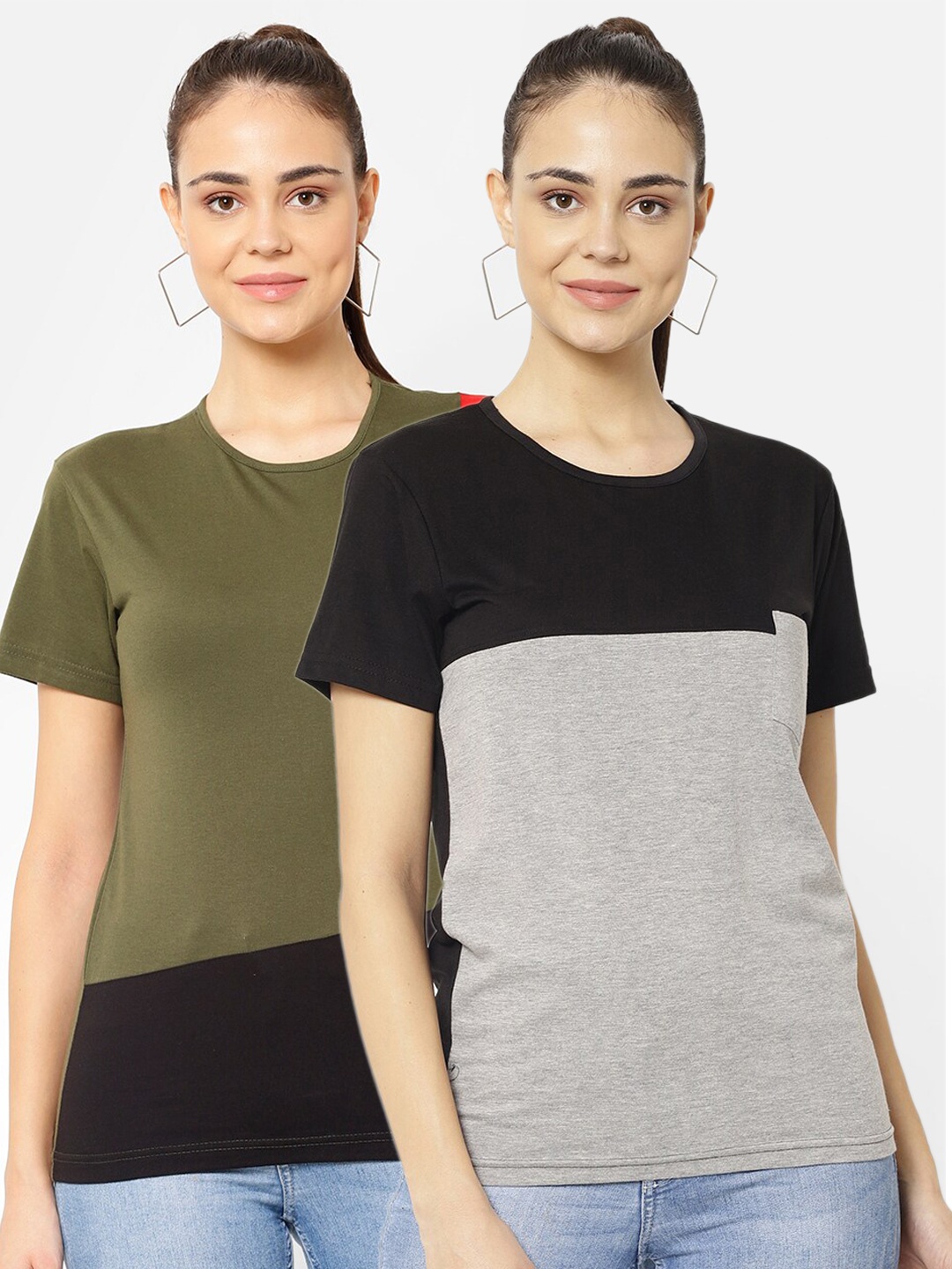 

MACK JONNEY Women Pack Of 2 Colourblocked T-shirts, Grey