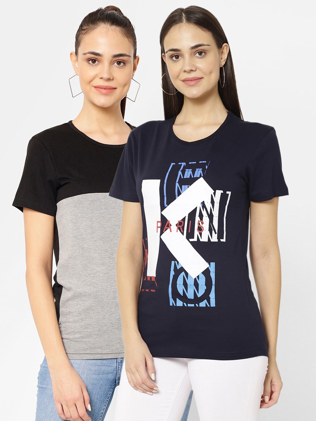 MACK JONNEY Women Pack of 2 Navy Blue & Black Printed T-shirt