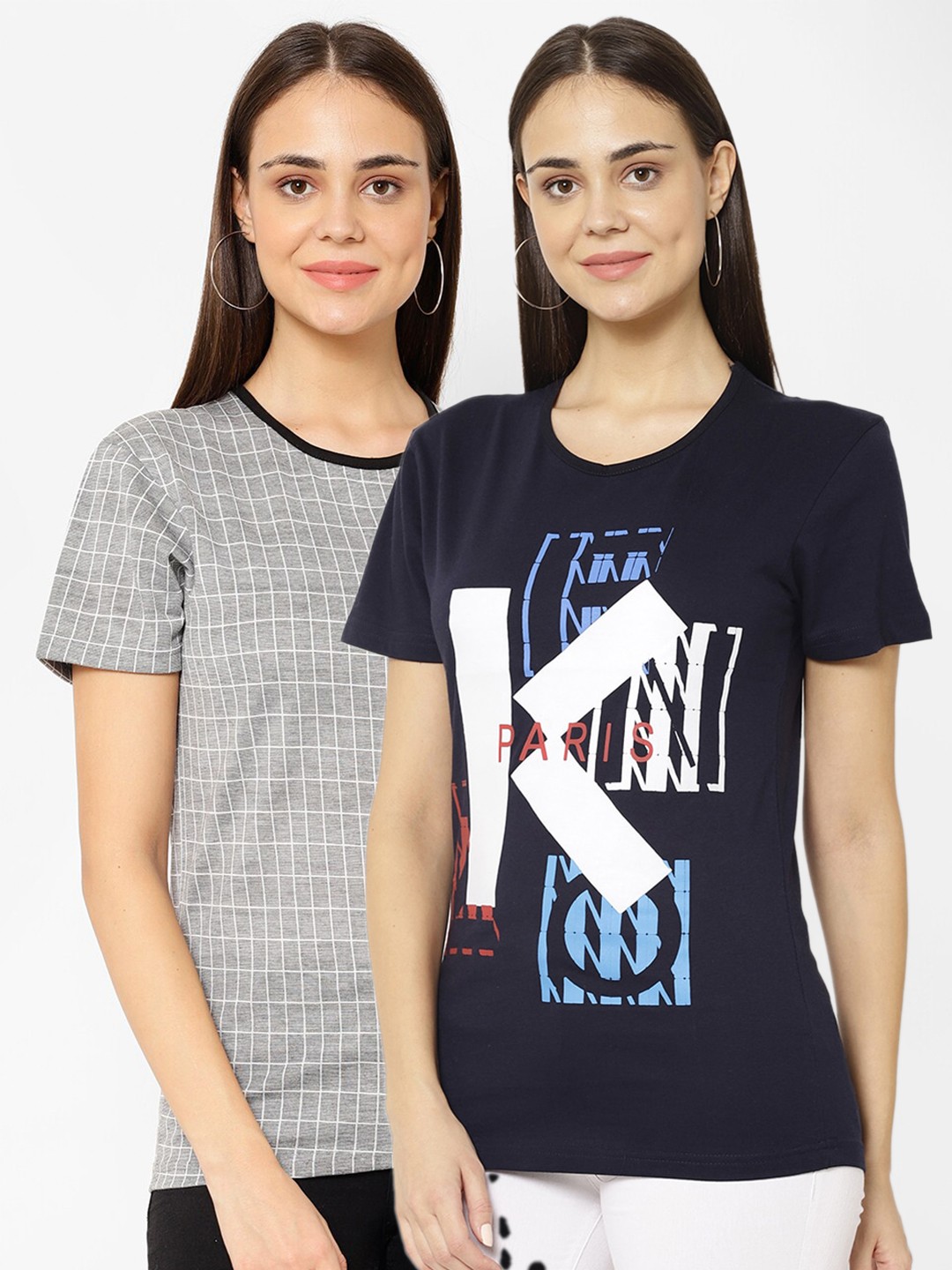 

VIMAL JONNEY Women Navy Blue & Grey Typography 2 Printed T-shirt
