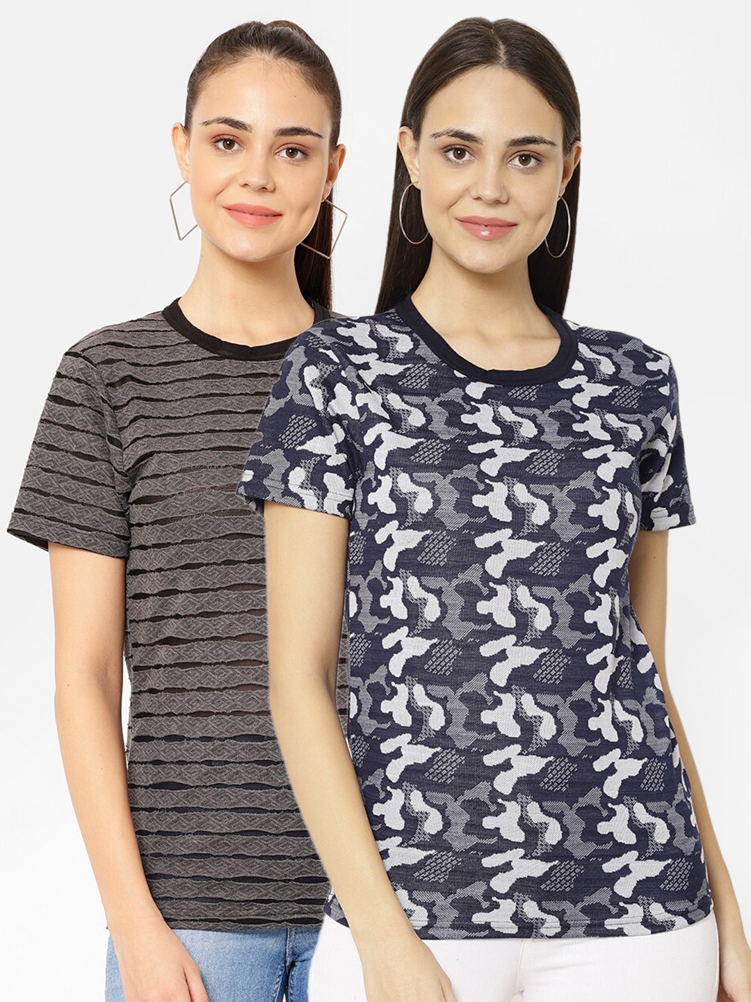 

VIMAL JONNEY Women Pack Of 2 Grey & Navy Blue Printed T-shirts