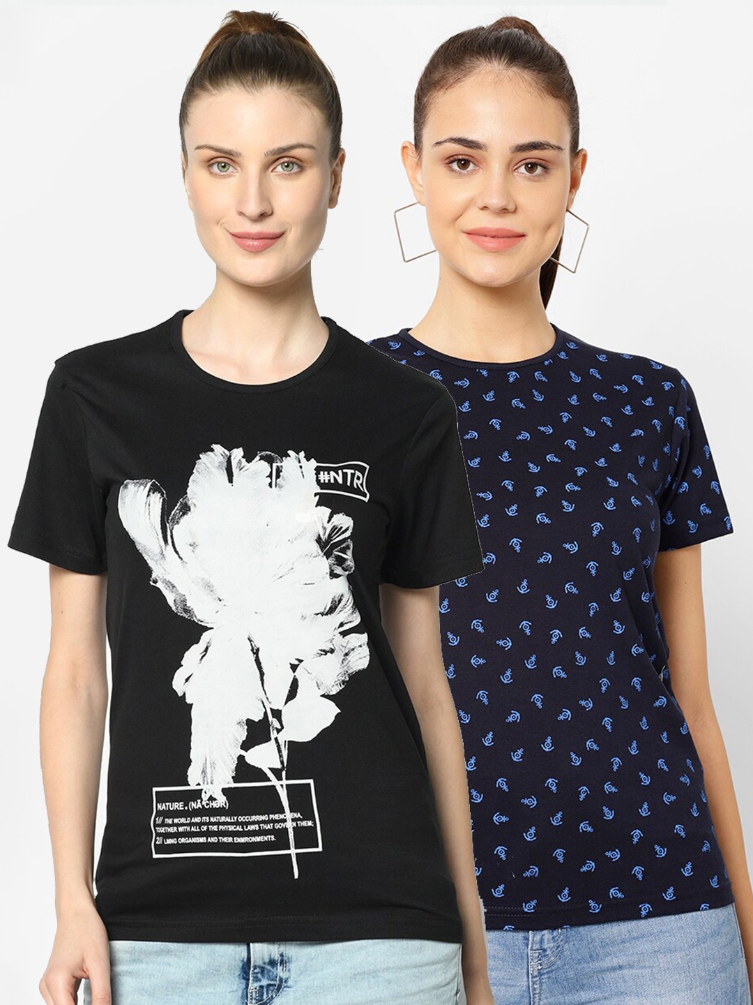 

VIMAL JONNEY Women Pack Of 2 Printed T-shirt, Black