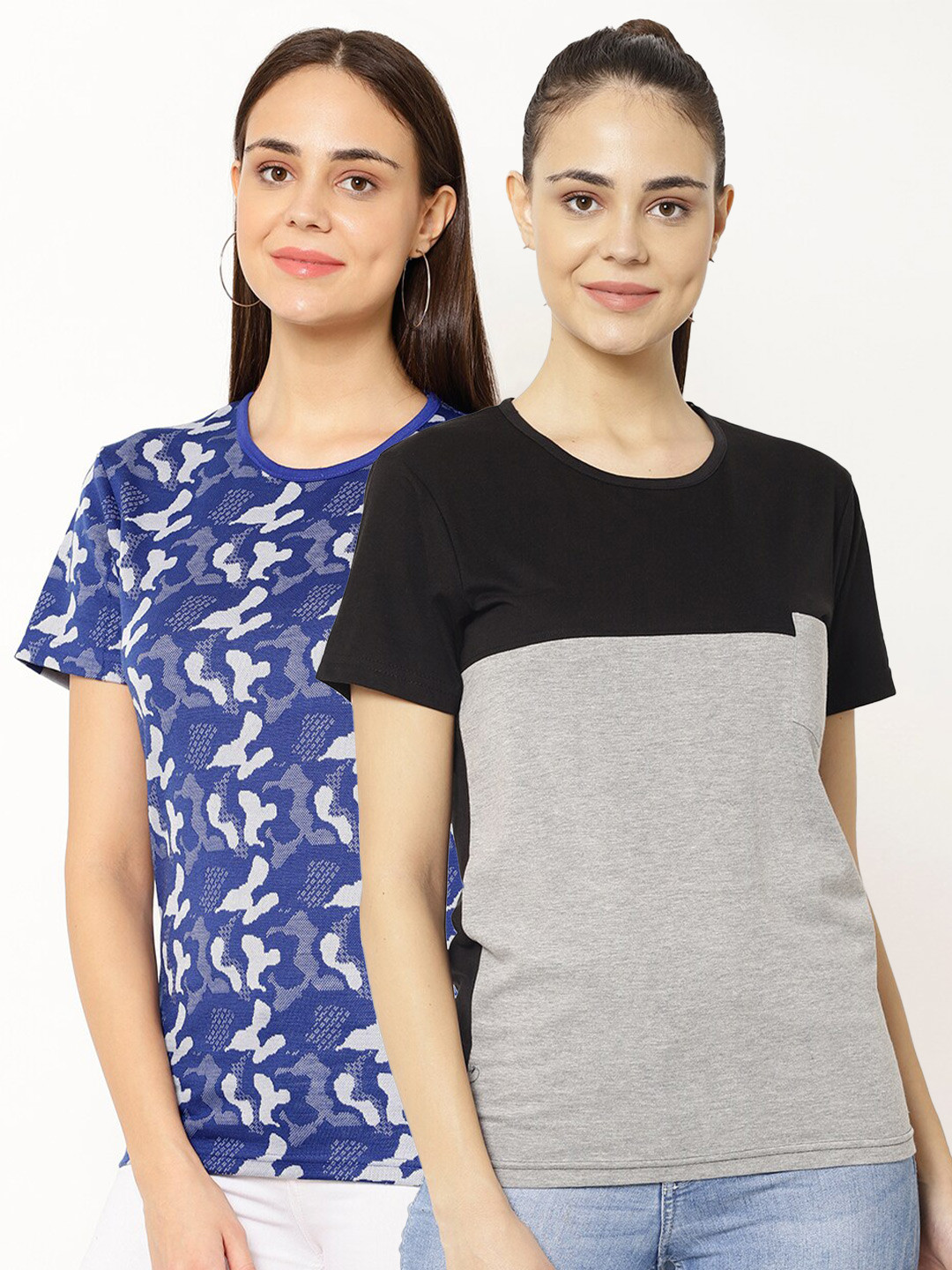 

VIMAL JONNEY Women Pack Of 2 Blue & Grey Printed T-shirts