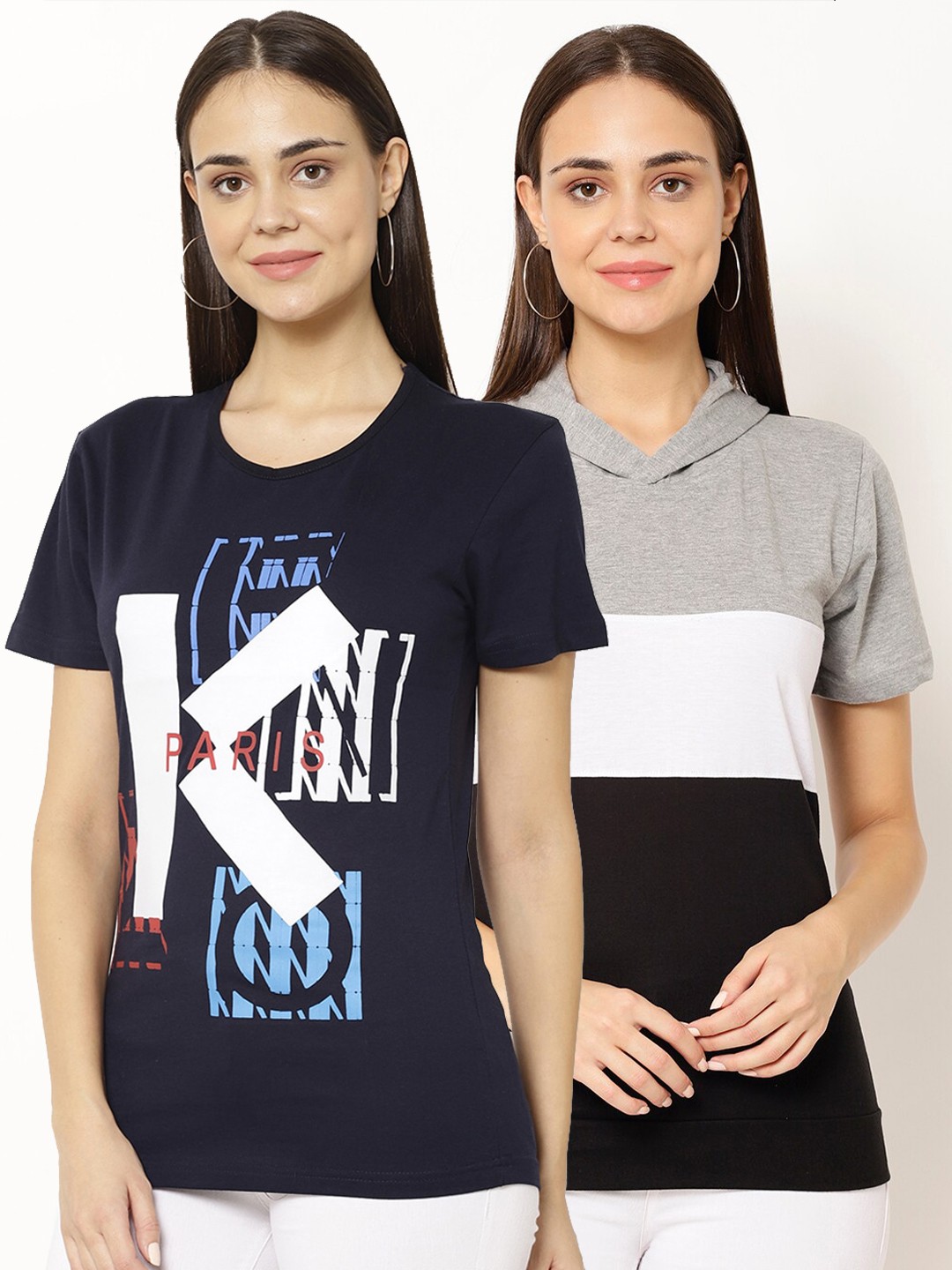 

VIMAL JONNEY Women Pack of 2 Navy Blue & Black Typography Printed T-shirt
