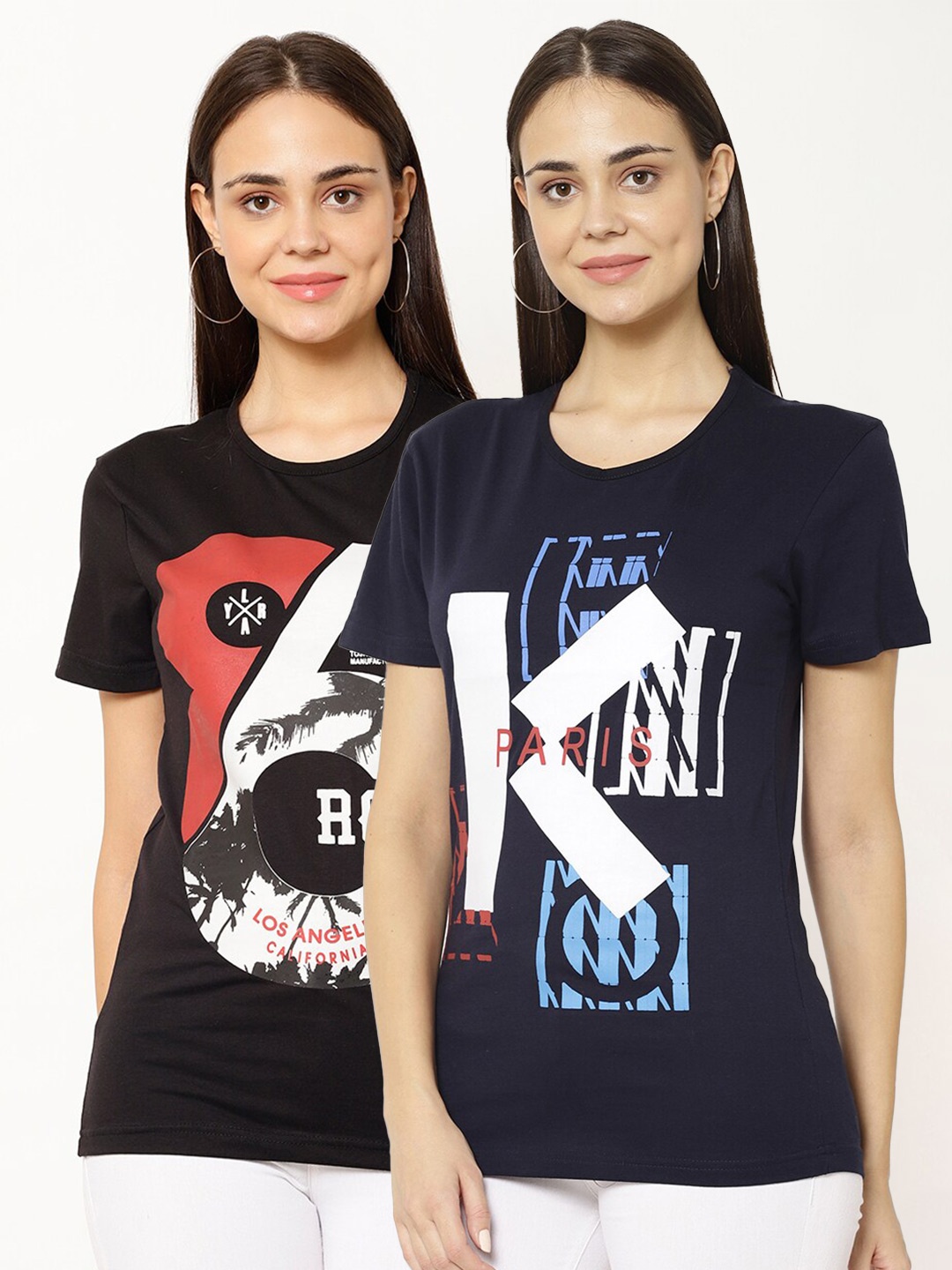 

VIMAL JONNEY Women Pack Of 2 Graphic Printed Round Neck T-Shirts, Navy blue