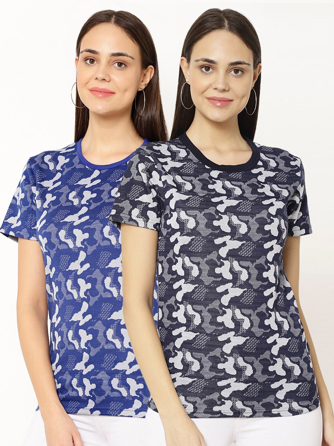 

VIMAL JONNEY Women Pack Of 2 Blue & Navy Blue Abstract Printed T-shirts