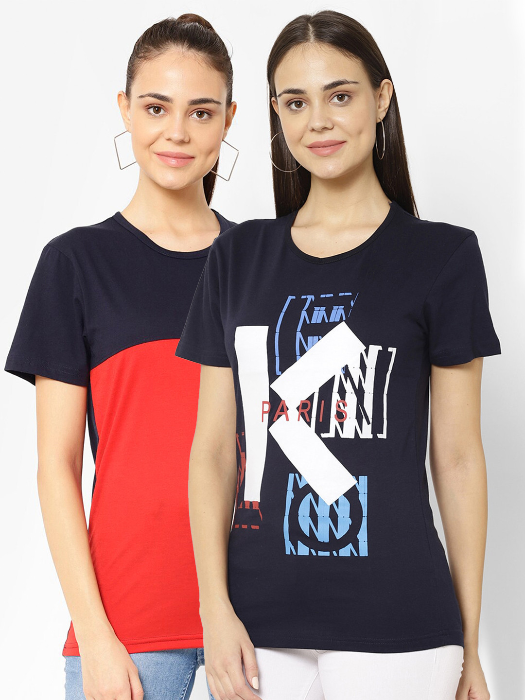 

VIMAL JONNEY Women Pack Of 2 Printed T-shirt, Navy blue