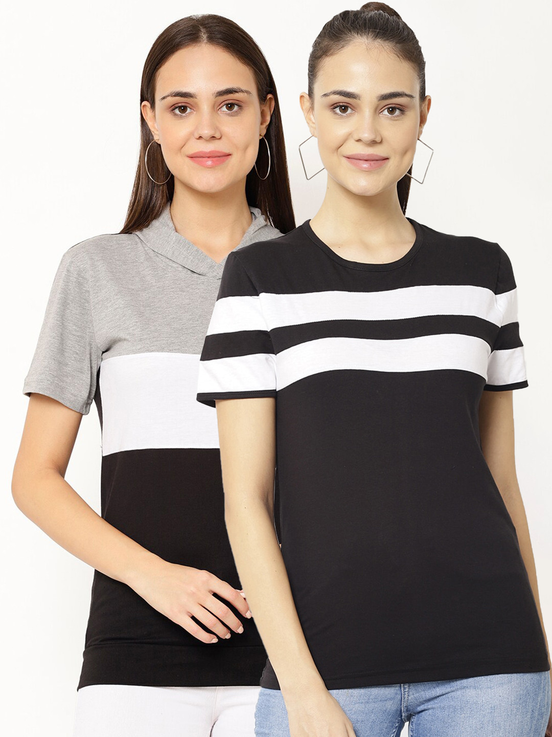 

VIMAL JONNEY Women Pack of 2 Black & White T-shirt