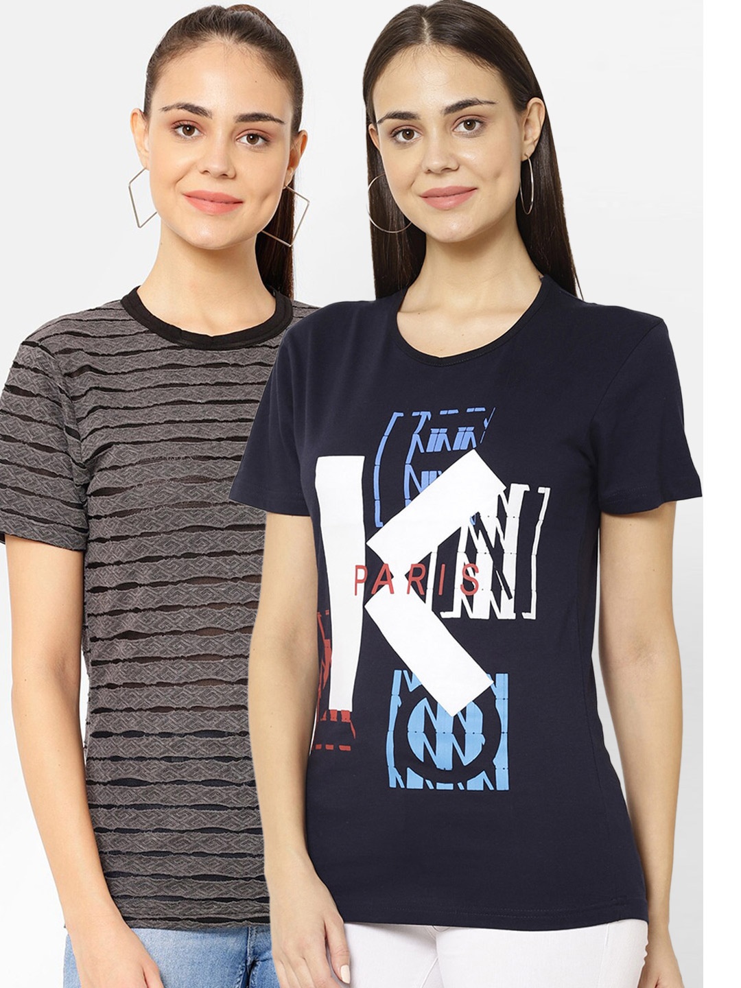 

VIMAL JONNEY Women Pack Of 2 Printed T-shirts, Navy blue