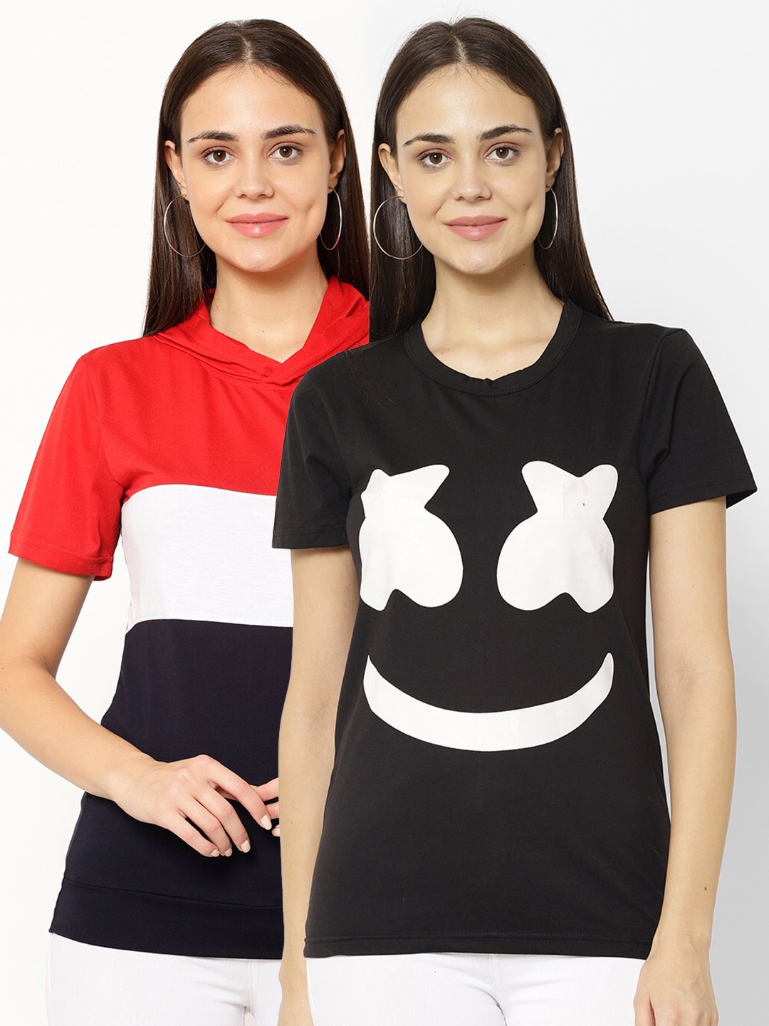 

VIMAL JONNEY Women Pack of 2 Black & Red Printed T-shirt
