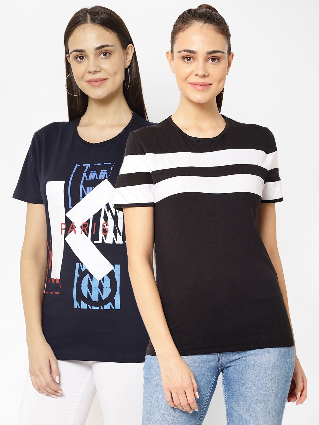 

MACK JONNEY Women Navy Blue Typography Printed Applique T-shirt