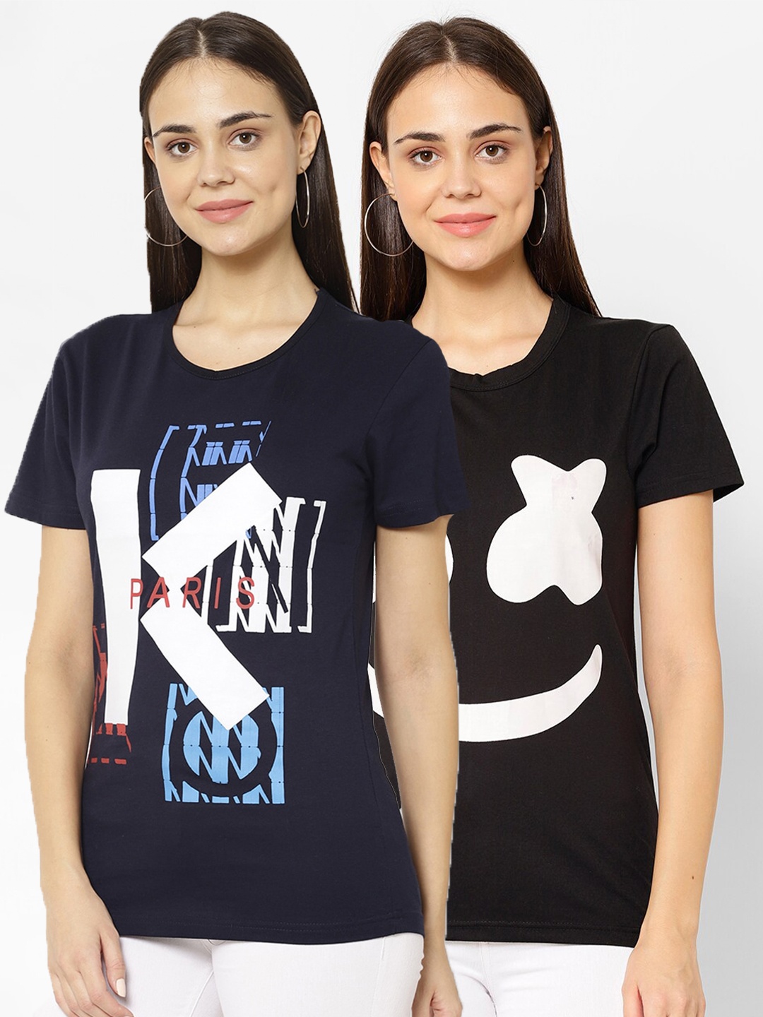 

VIMAL JONNEY Women Pack Of 2 Navy Blue & Black Printed T-shirt