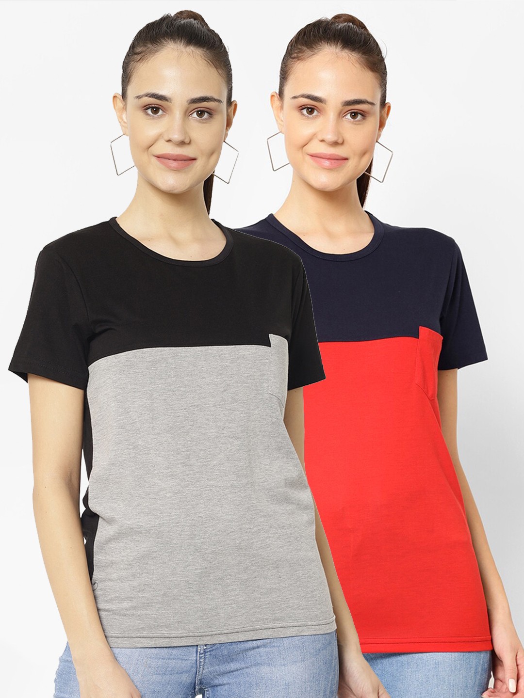 

VIMAL JONNEY Women Grey & Red Set Of 2 Colourblocked T-shirt