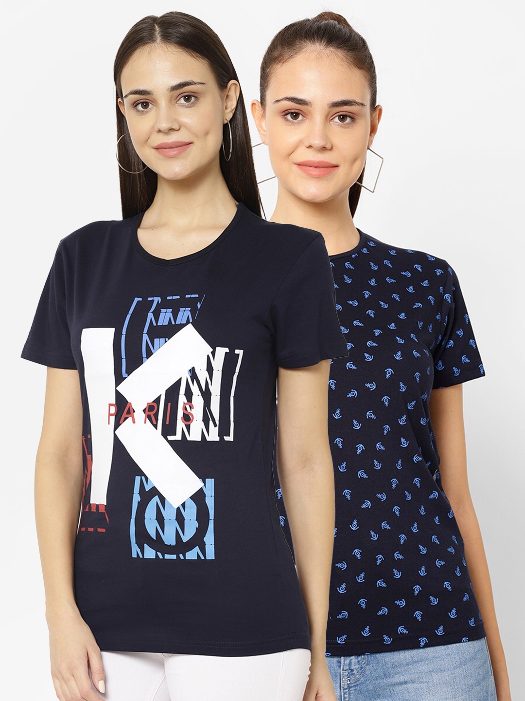

VIMAL JONNEY Women Pack Of 2 Printed Round Neck T-Shirts, Navy blue