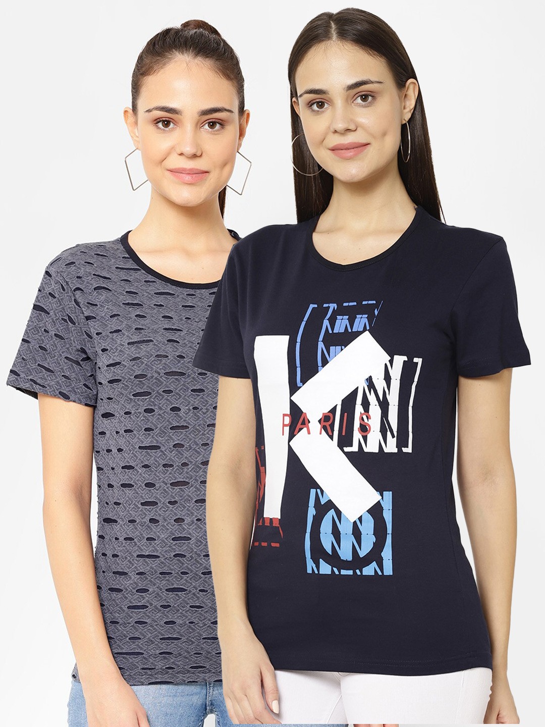 

VIMAL JONNEY Women Navy Blue Typography Printed Applique T-shirt