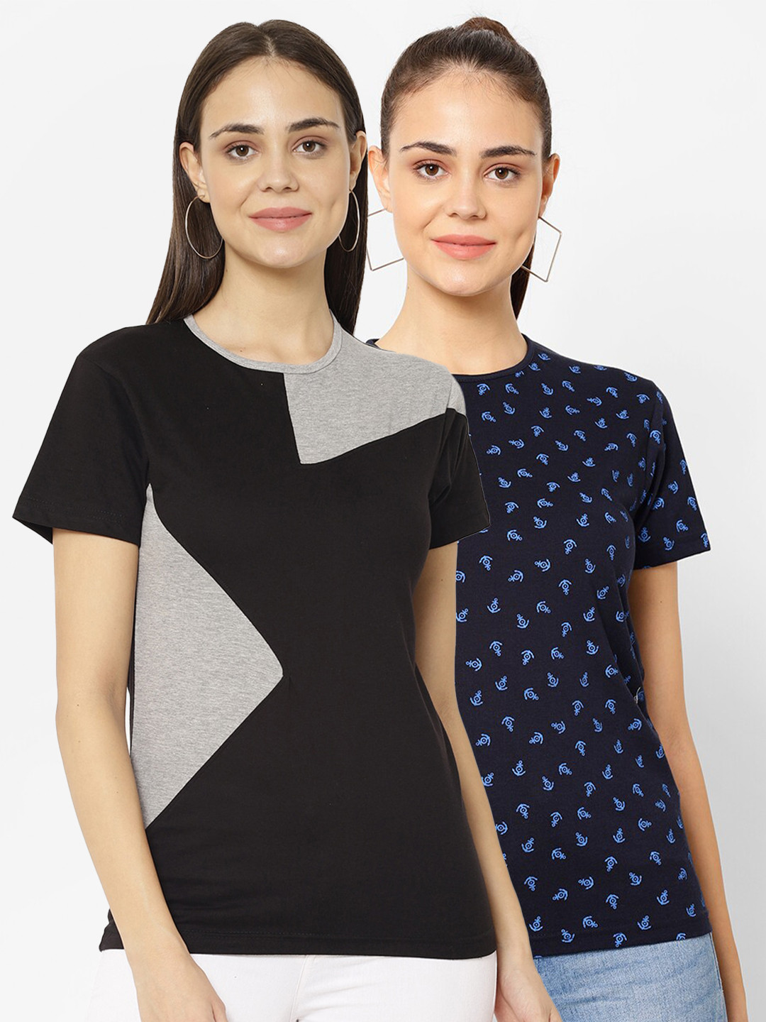 

VIMAL JONNEY Women Black & Navy Blue Pack Of 2 Printed T-shirt