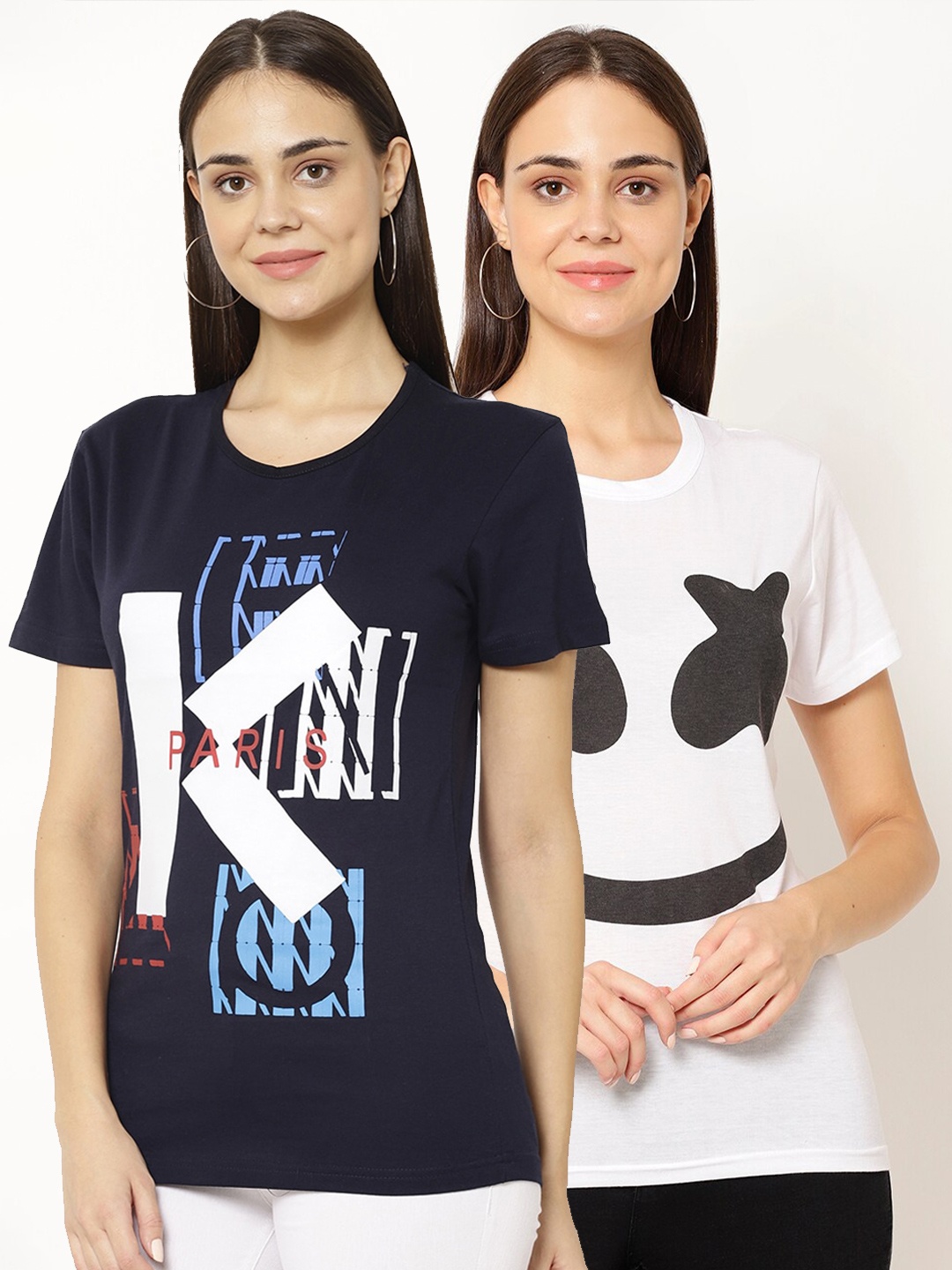 

VIMAL JONNEYWomen Pack Of 2 Printed Round Neck T-Shirts, Navy blue