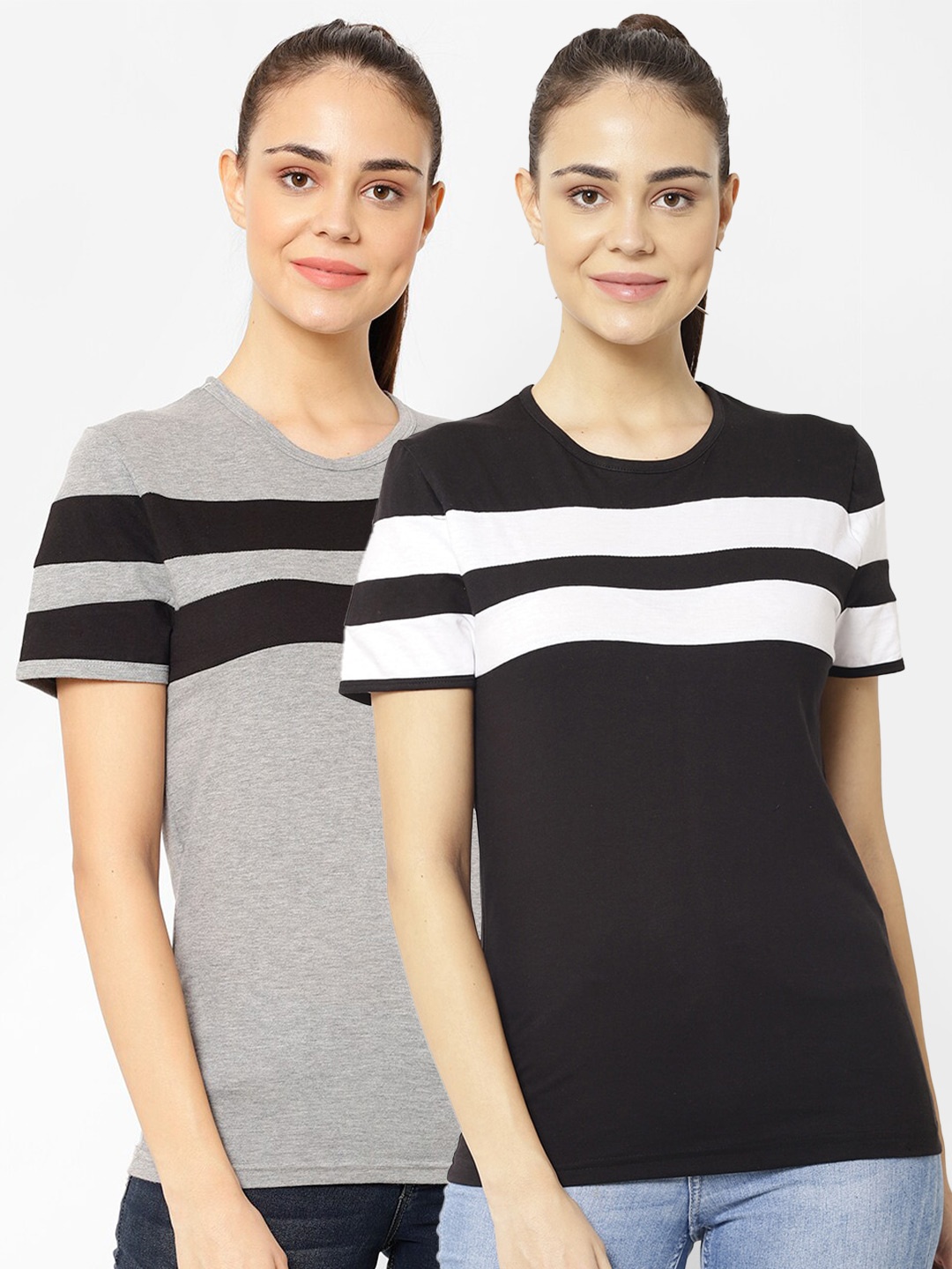 

VIMAL JONNEY Women Pack Of 2 Striped T-shirt, Black