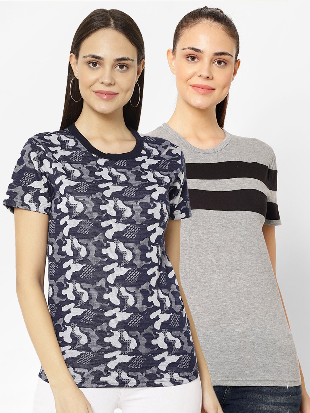 

VIMAL JONNEY Women Navy Blue & Grey Camouflage Set Of 2 Printed T-shirt