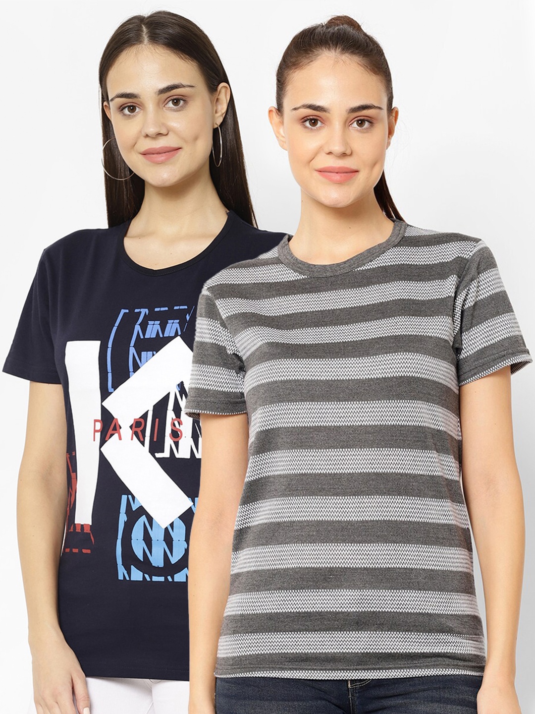 VIMAL JONNEY Women Pack Of 2 Round Neck T-Shirts, Navy blue