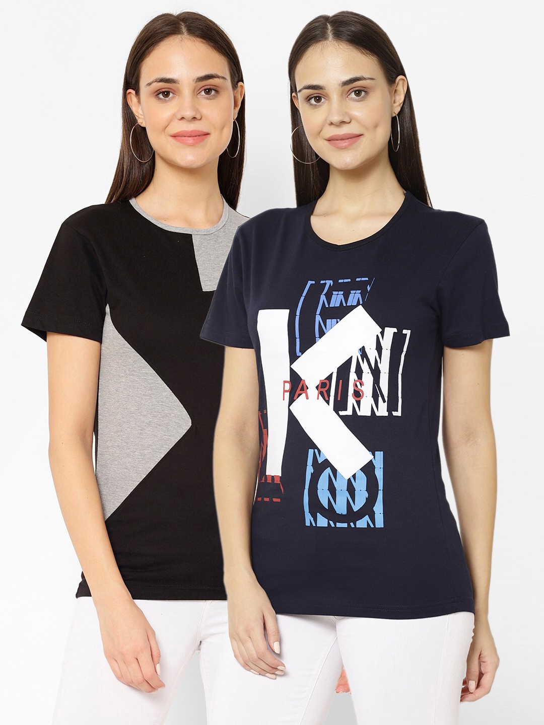 

VIMAL JONNEY Women Pack Of 2 Printed T-shirt, Navy blue