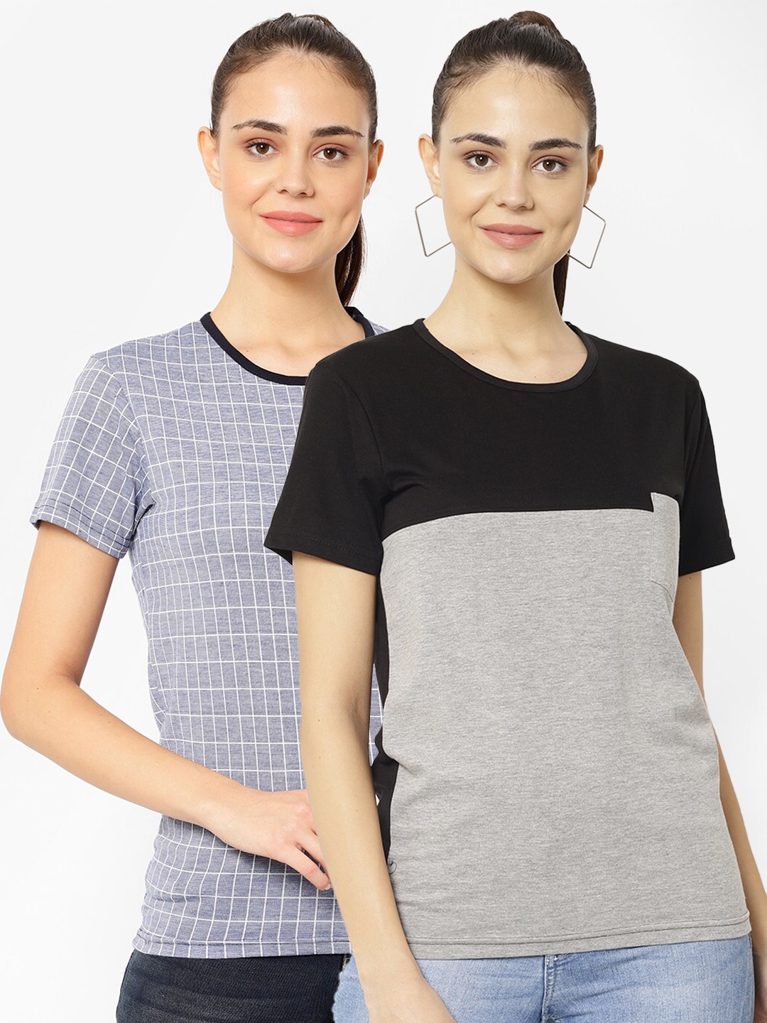 

VIMAL JONNEY Women Pack of 2 Grey & Blue Printed T-shirt