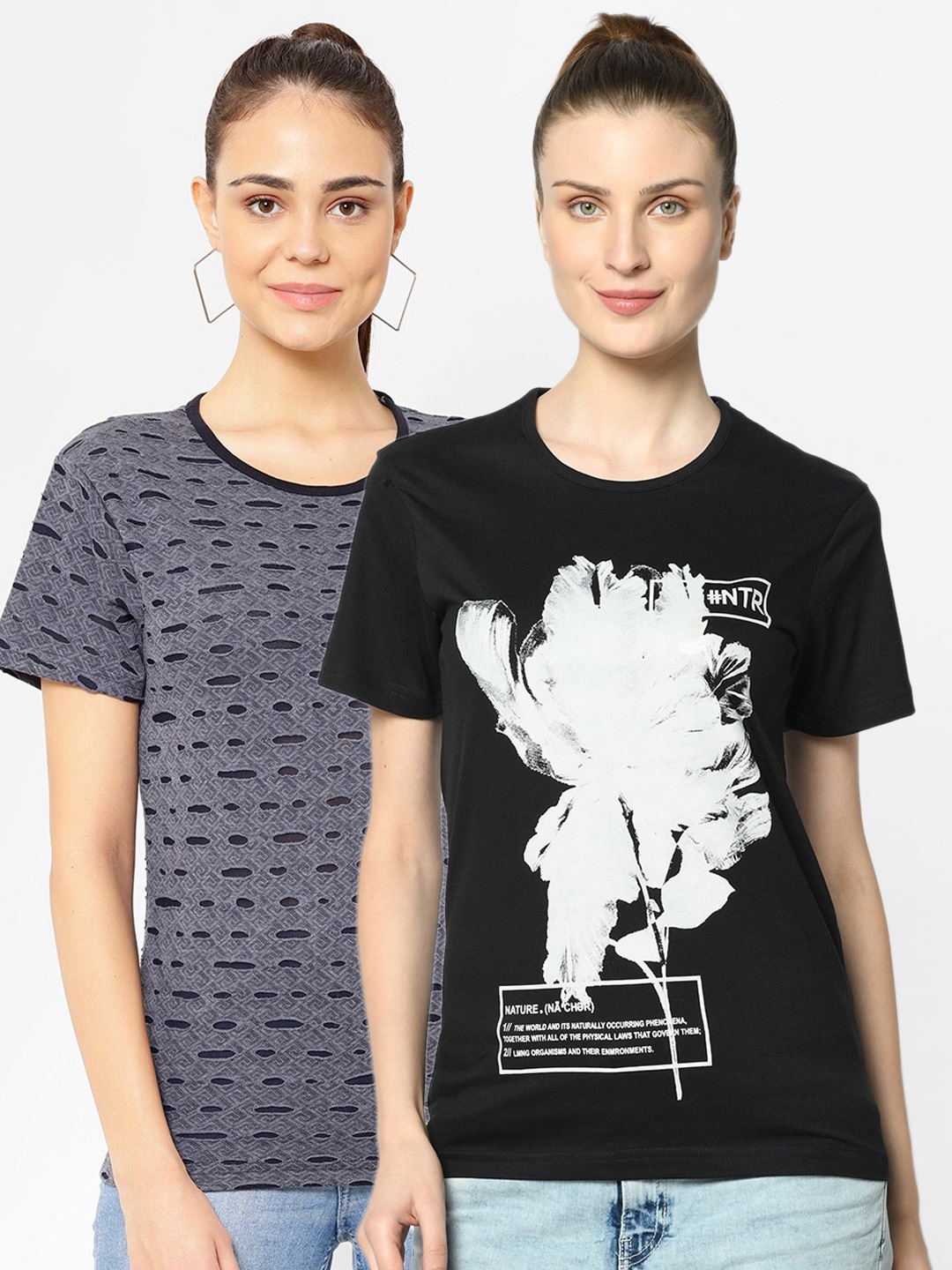 

VIMAL JONNEY Women Black & Navy Blue Set Of 2 Printed T-shirt